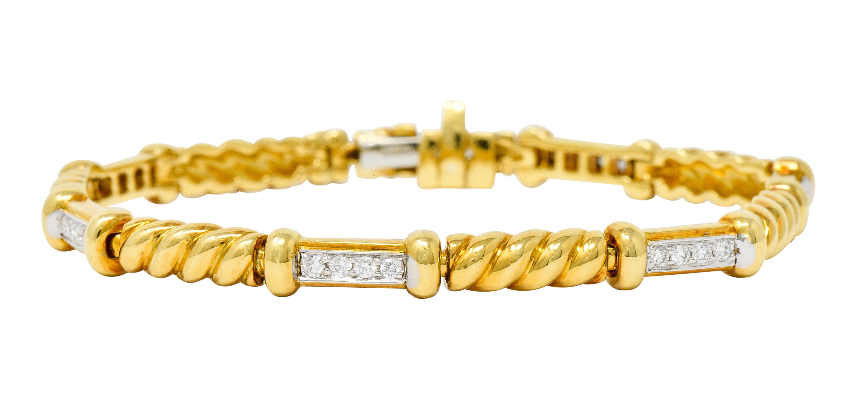 Spark Creations Diamond 18 Karat Two-Tone Gold Ribbed Link Bracelet - Wilson's Estate Jewelry