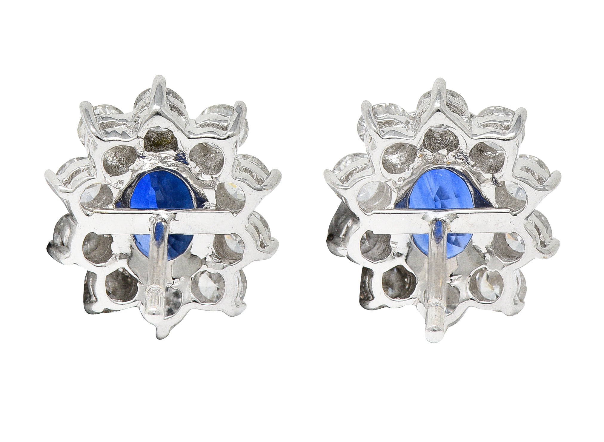 Contemporary 3.20 CTW Sapphire Diamond 18 Karat White Gold Cluster Stud Earrings Wilson's Estate Jewelry