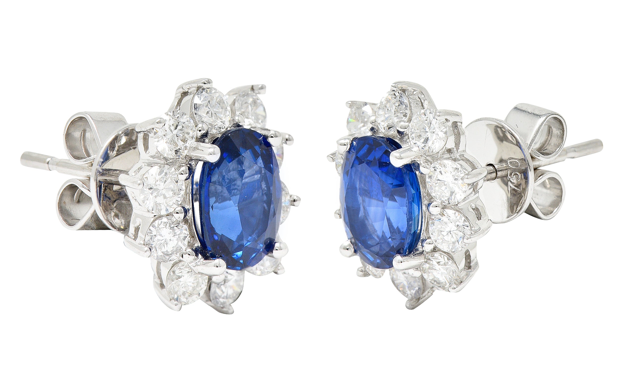 Contemporary 3.20 CTW Sapphire Diamond 18 Karat White Gold Cluster Stud Earrings Wilson's Estate Jewelry