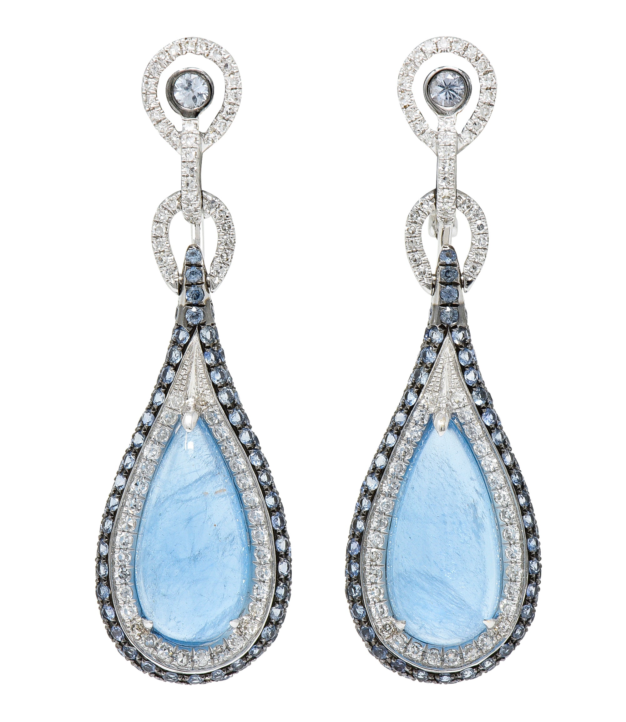 Contemporary 13.00 CTW Aquamarine Sapphire Diamond 18 Karat White Gold Drop Earrings Wilson's Estate Jewelry