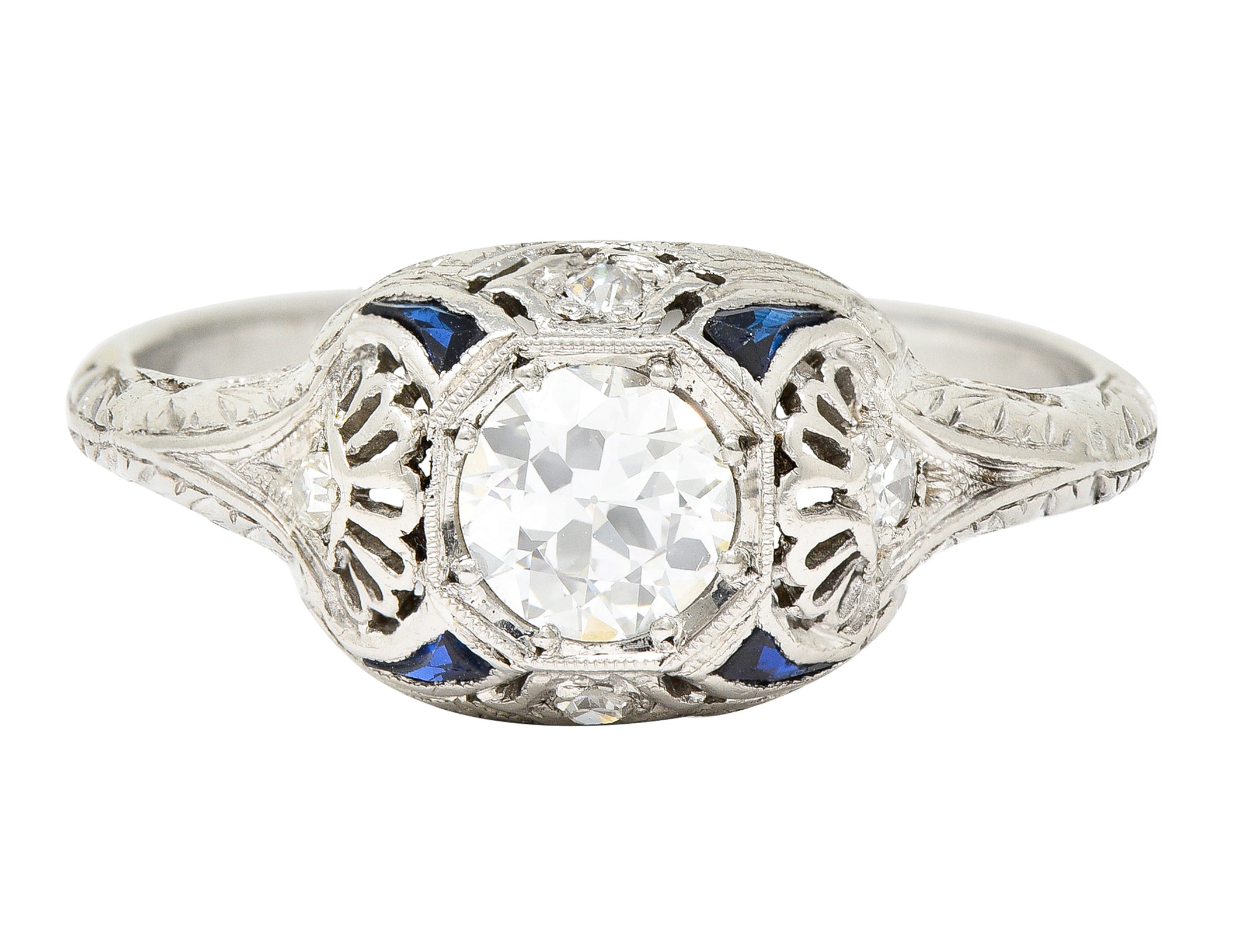 Art Deco 0.63 CTW Old European Cut Diamond Sapphire Platinum Engagement Ring Wilson's Estate Jewelry