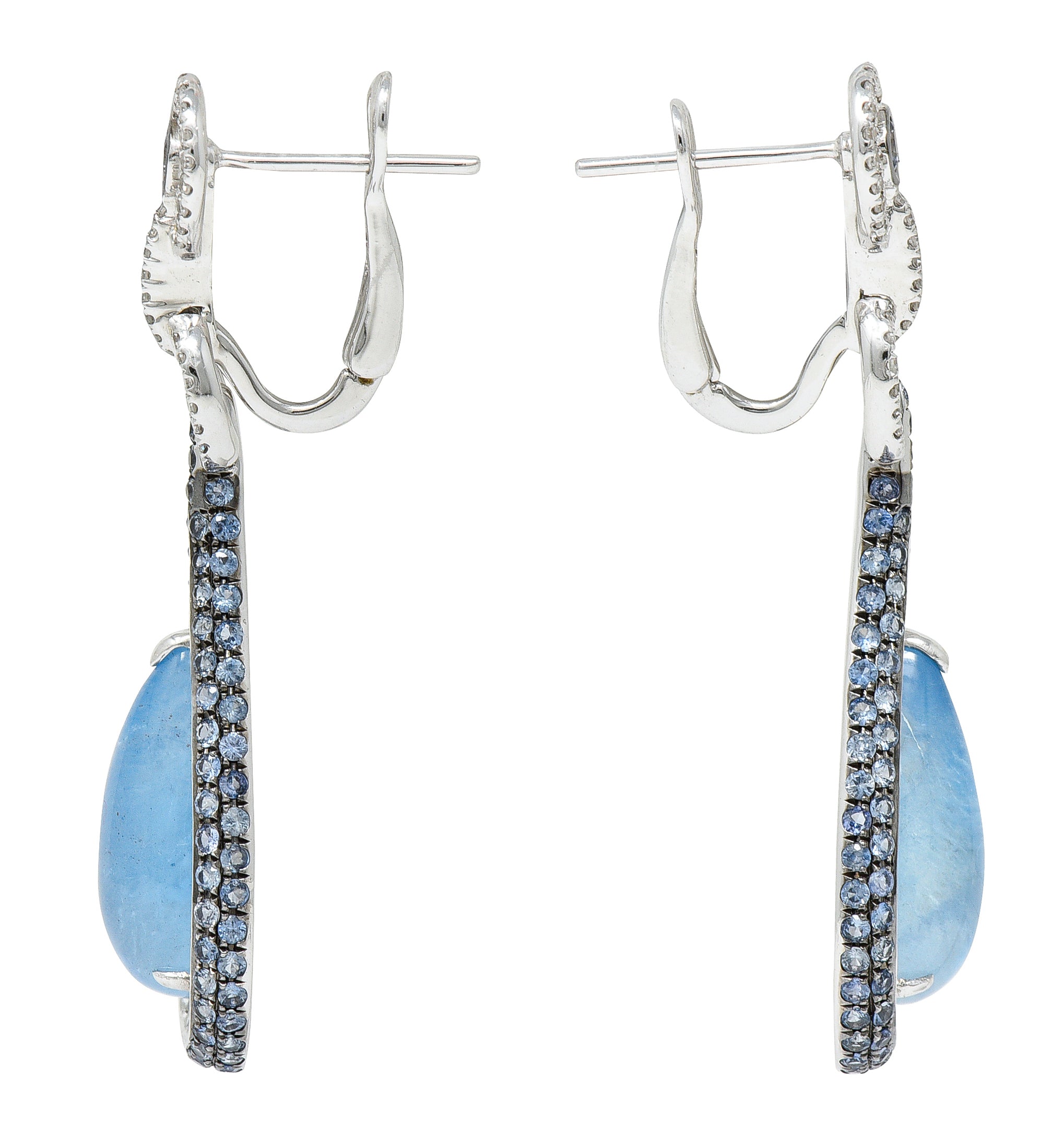 Contemporary 13.00 CTW Aquamarine Sapphire Diamond 18 Karat White Gold Drop Earrings Wilson's Estate Jewelry