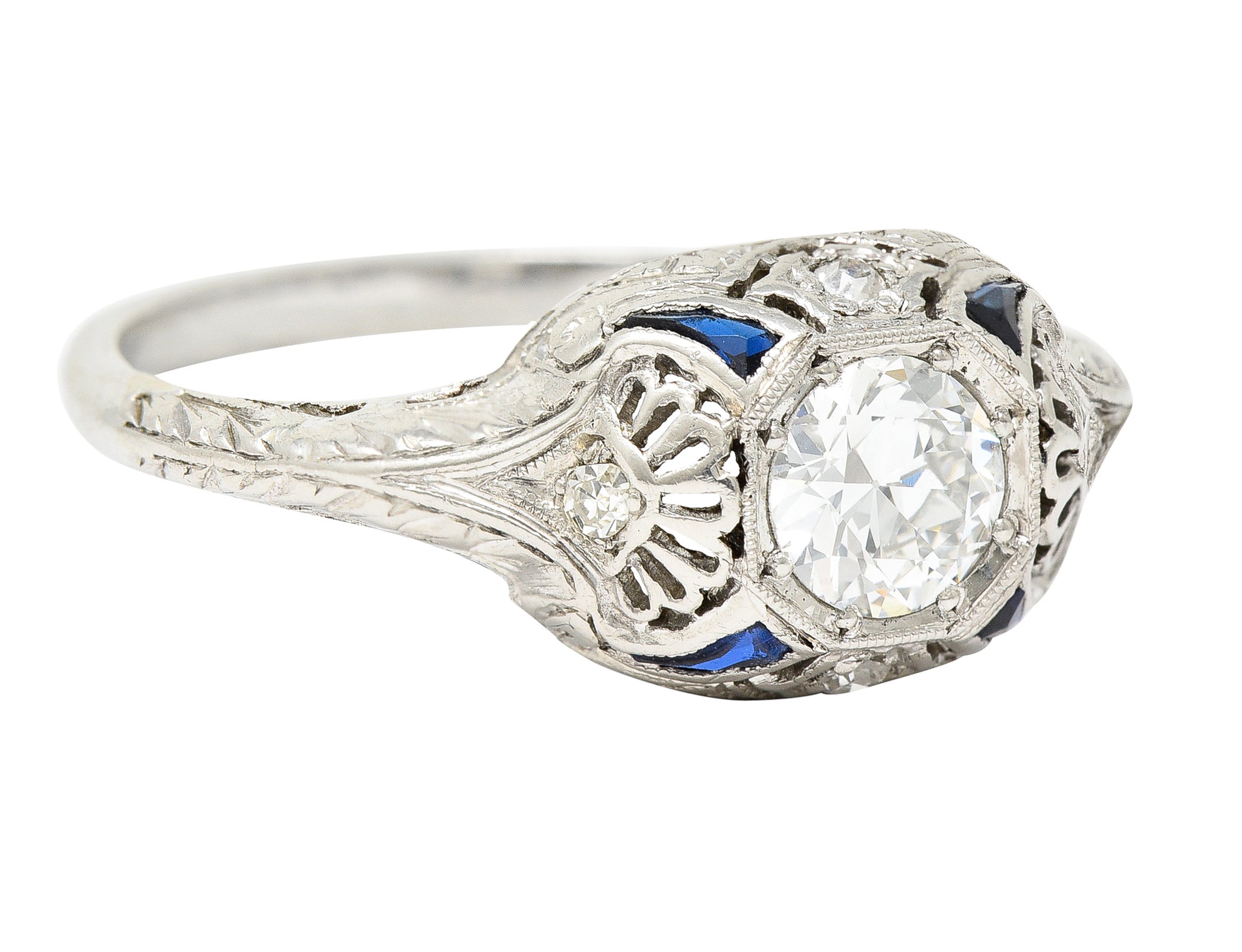 Art Deco 0.63 CTW Old European Cut Diamond Sapphire Platinum Engagement Ring Wilson's Estate Jewelry