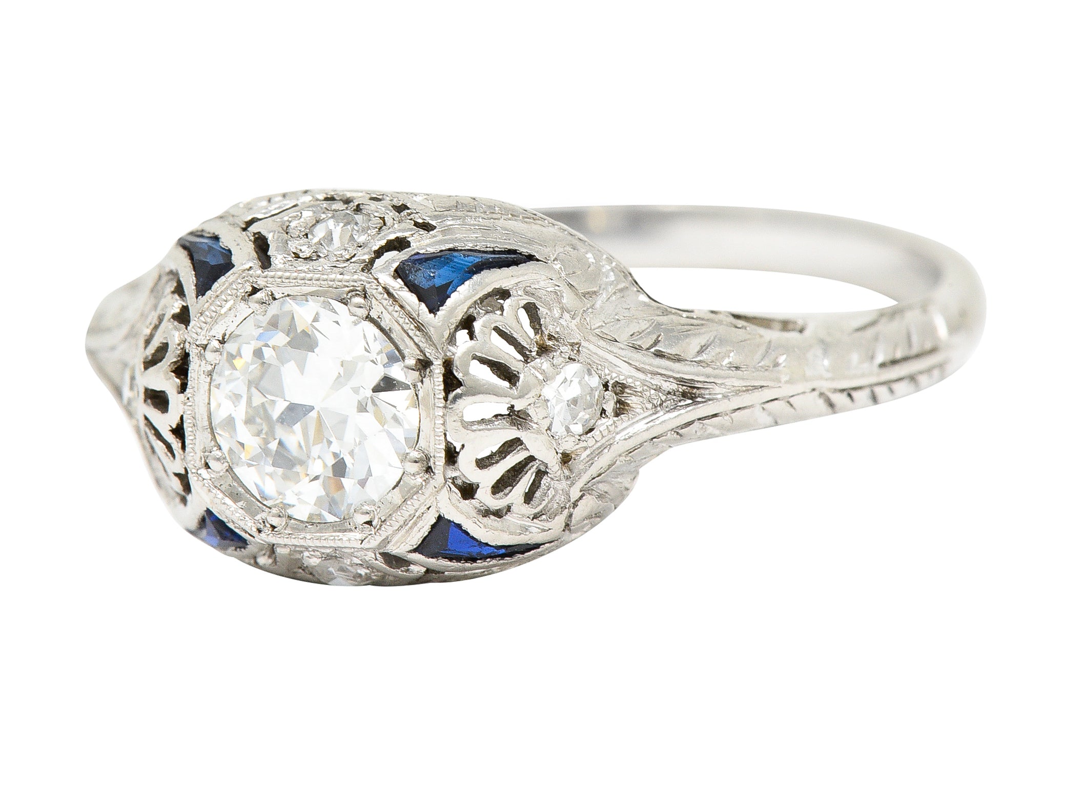 Art Deco 0.63 CTW Old European Cut Diamond Sapphire Platinum Engagement Ring Wilson's Estate Jewelry