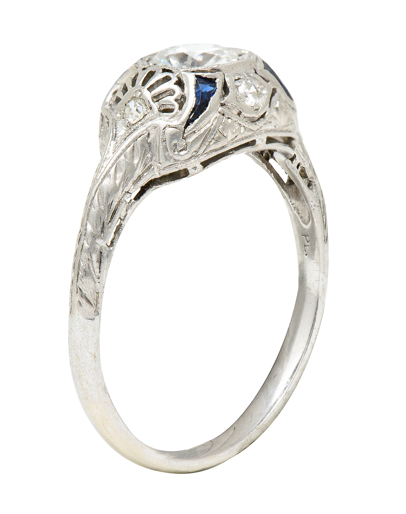 Art Deco 0.63 CTW Old European Cut Diamond Sapphire Platinum Engagement Ring Wilson's Estate Jewelry