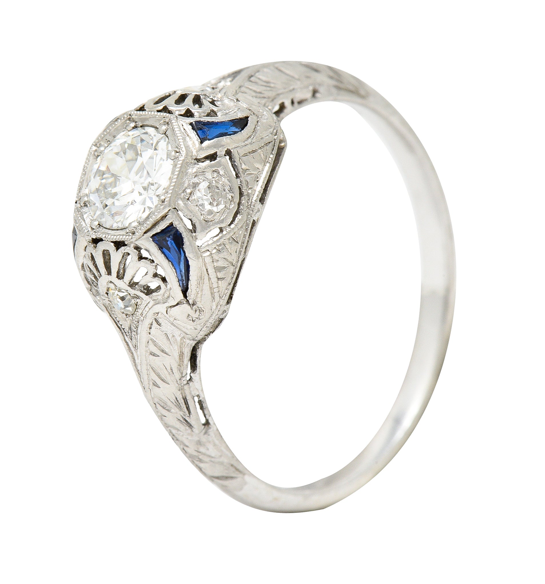 Art Deco 0.63 CTW Old European Cut Diamond Sapphire Platinum Engagement Ring Wilson's Estate Jewelry