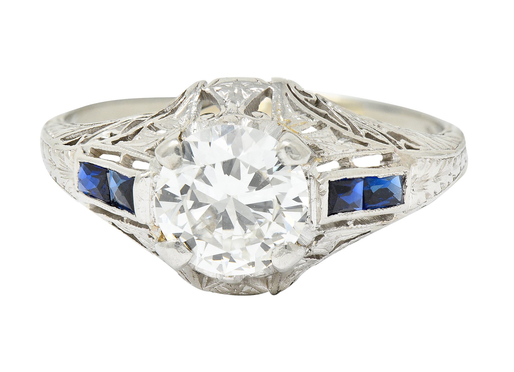 Art Deco 1.20 CTW Diamond Sapphire 14 Karat White Gold Engagement RingRing - Wilson's Estate Jewelry