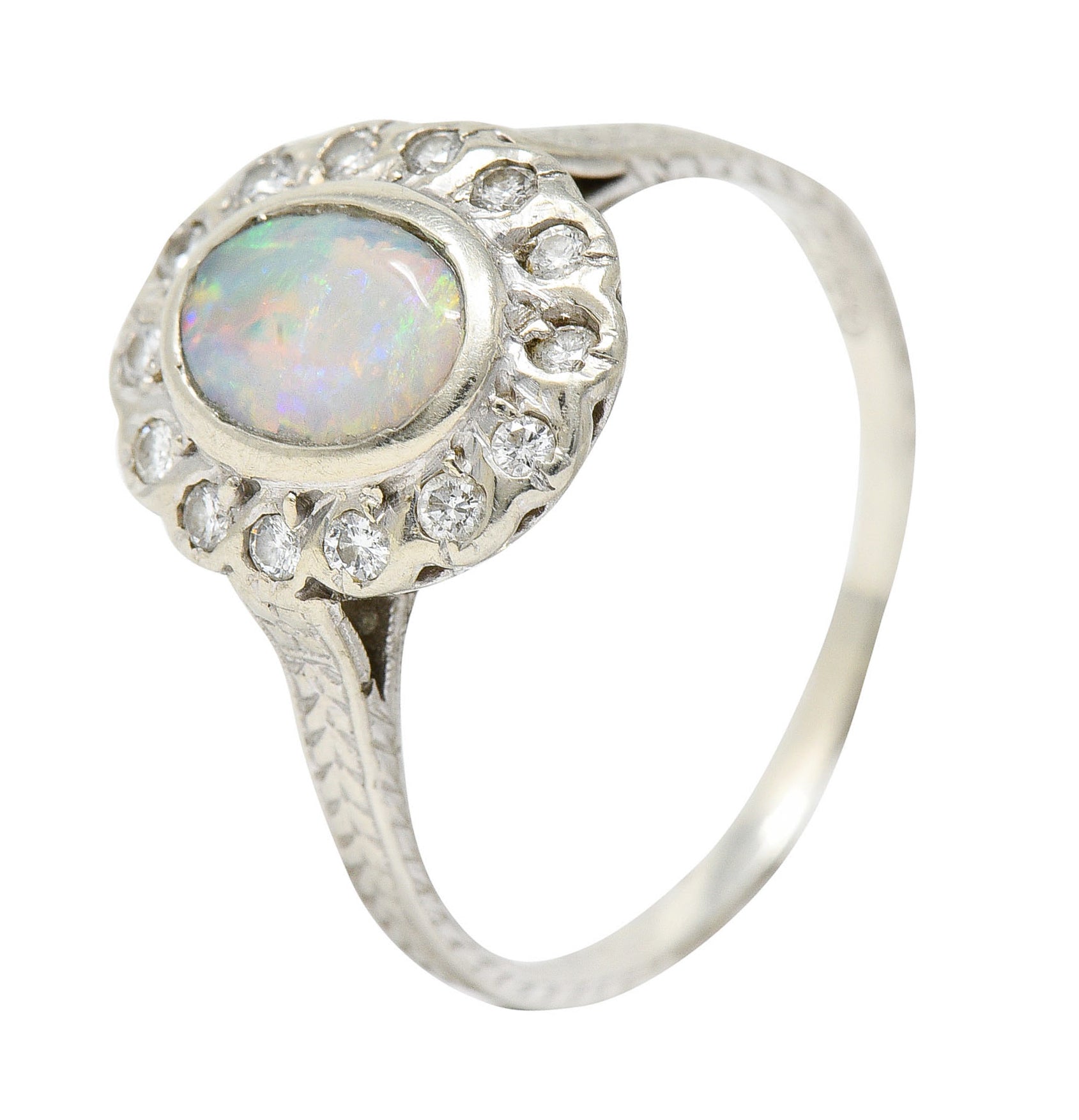 Art Deco Dreicer & Co. Opal Diamond 14 Karat White Gold Cluster RingRing - Wilson's Estate Jewelry