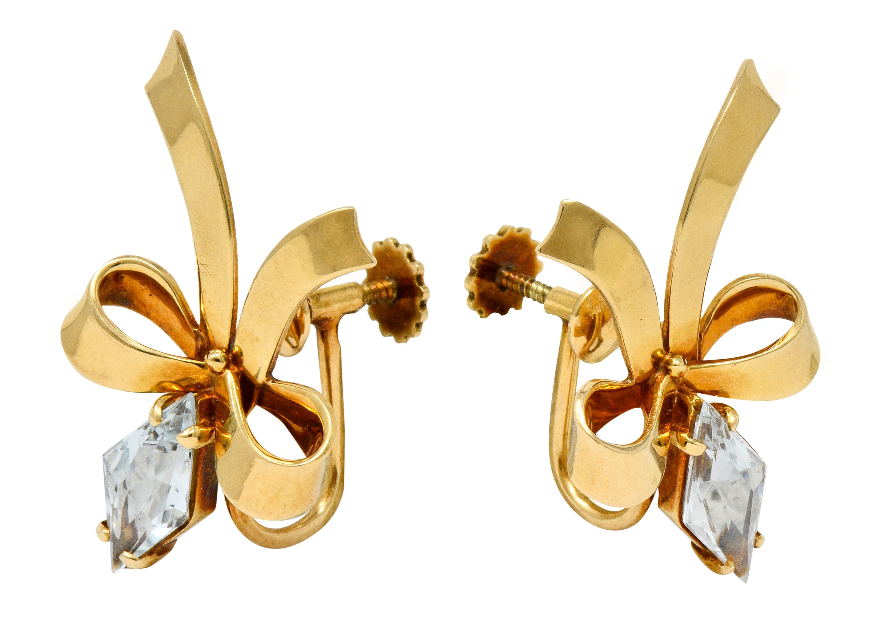 Retro Aquamarine 14 Karat Gold Ribboned Bow Screwback Earrings - Wilson's Estate Jewelry