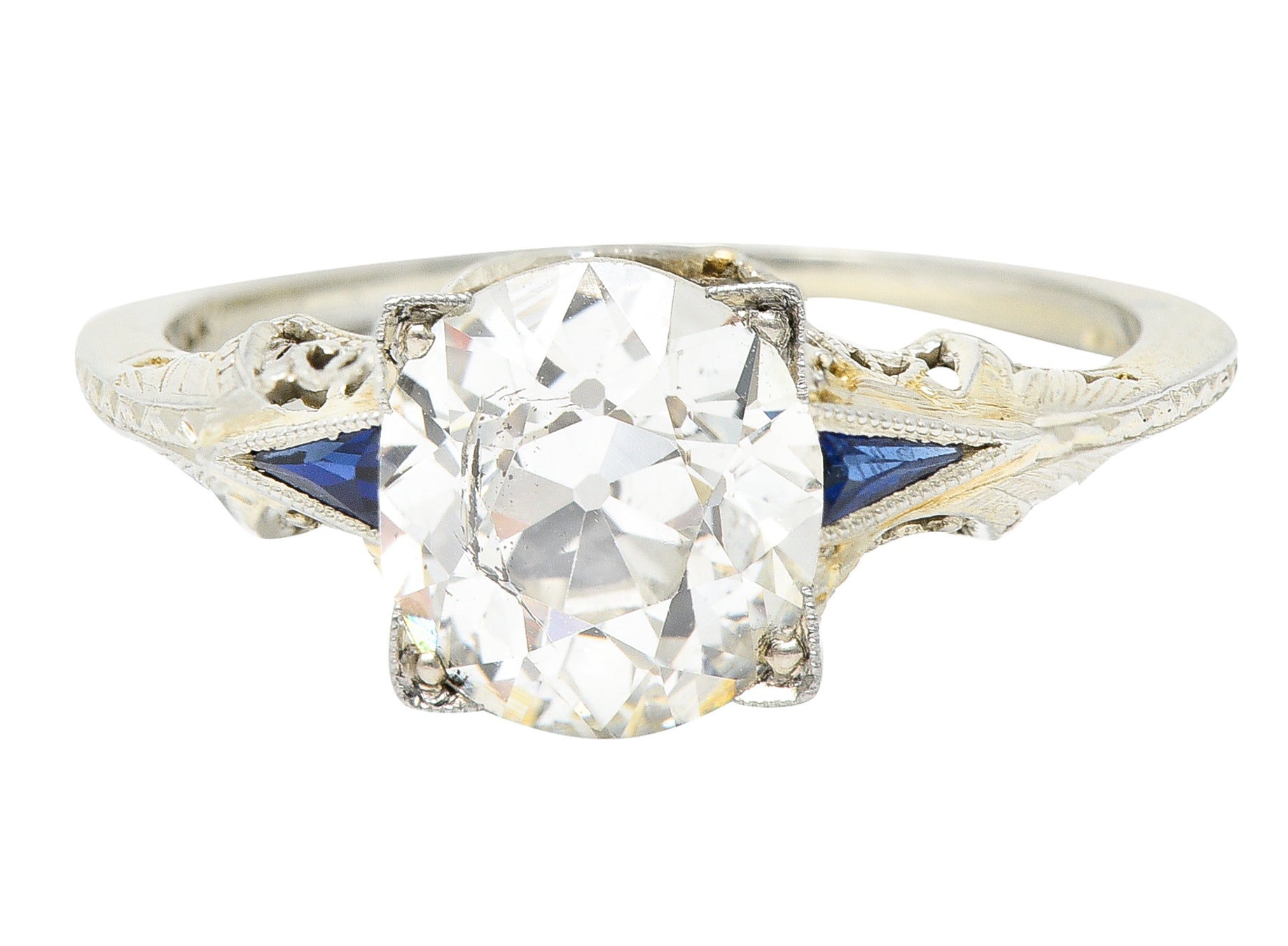 Art Deco 1.76 CTW Old European Cut Diamond Sapphire 18 Karat White Gold Filigree Engagement Ring Wilson's Estate Jewelry