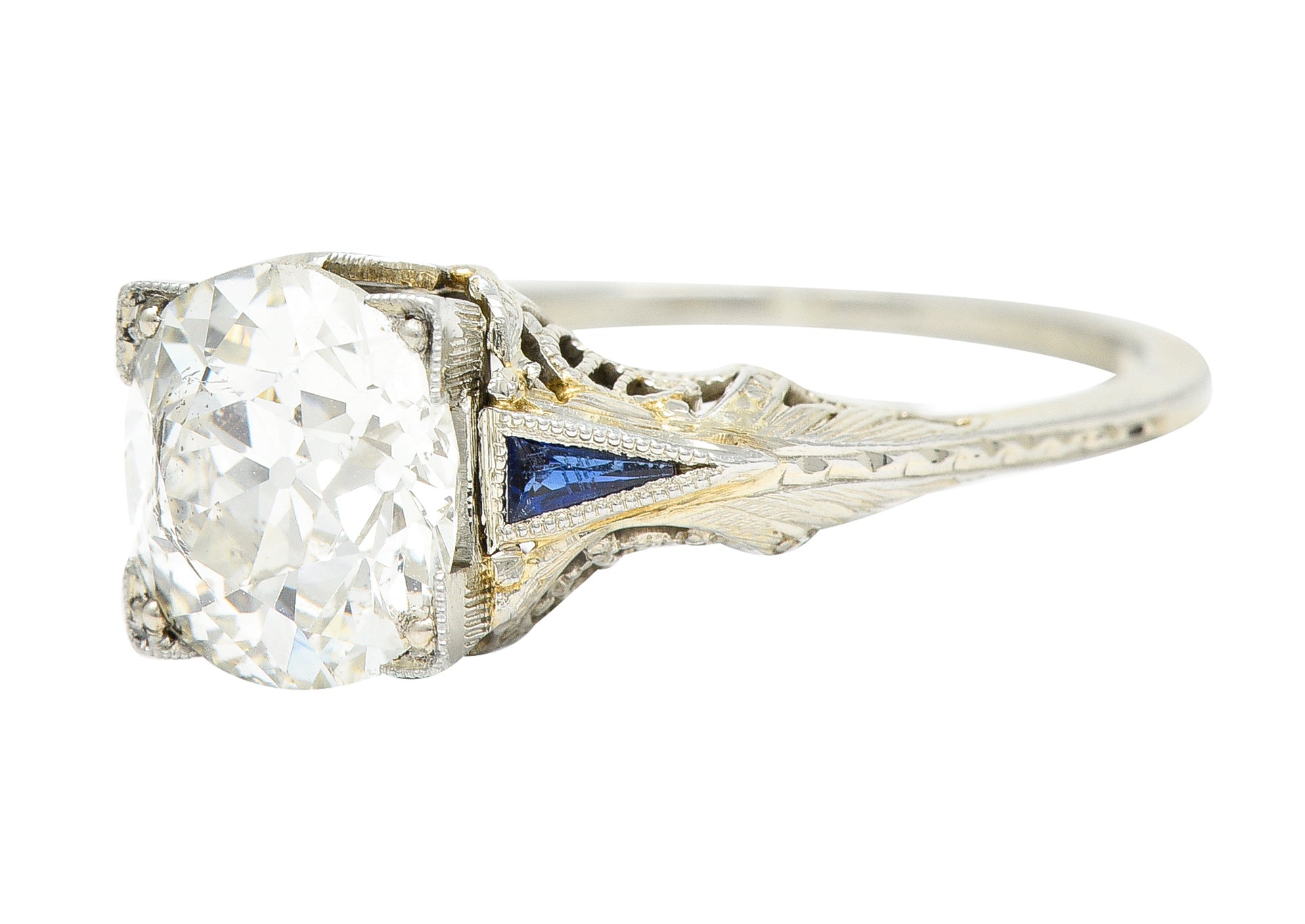 Art Deco 1.76 CTW Old European Cut Diamond Sapphire 18 Karat White Gold Filigree Engagement Ring Wilson's Estate Jewelry