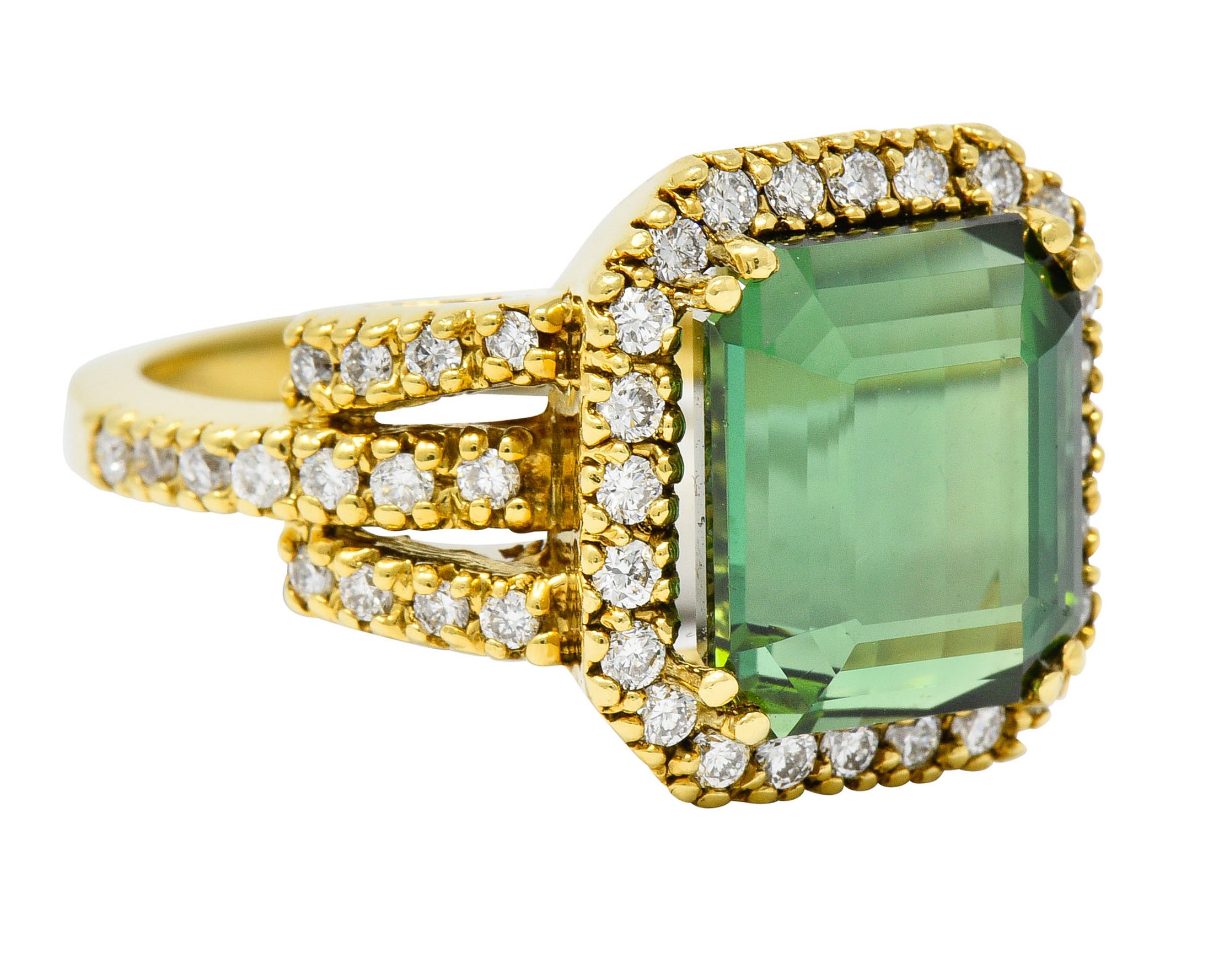 Green Tourmaline Diamond Halo 18 Karat Gold Cocktail RingRing - Wilson's Estate Jewelry