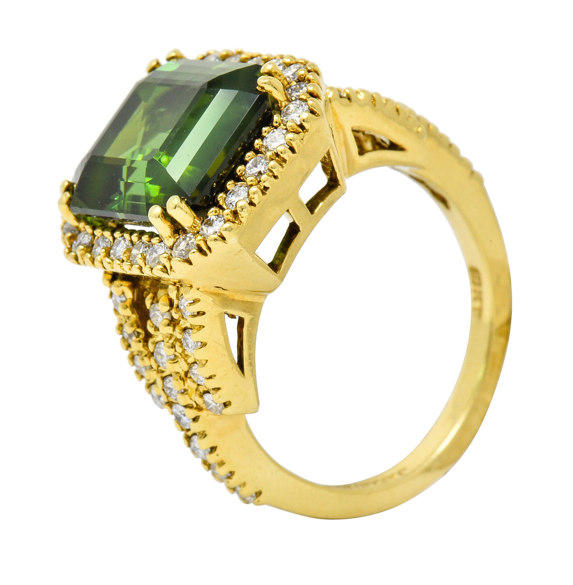 Green Tourmaline Diamond Halo 18 Karat Gold Cocktail RingRing - Wilson's Estate Jewelry