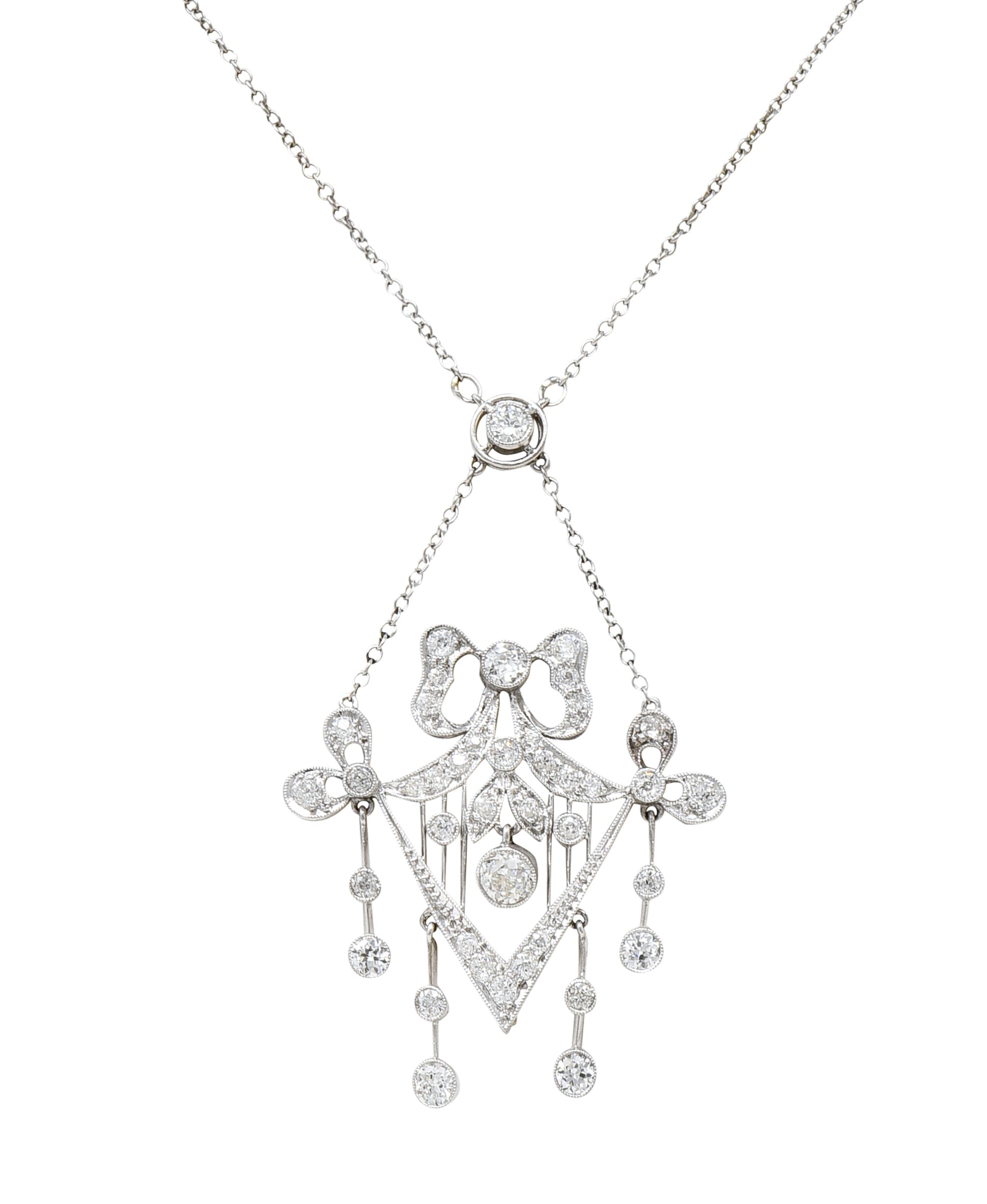 Belle Epoque Diamond Platinum Ribboned Bow Station Necklace Wilson's Estate Jewelry