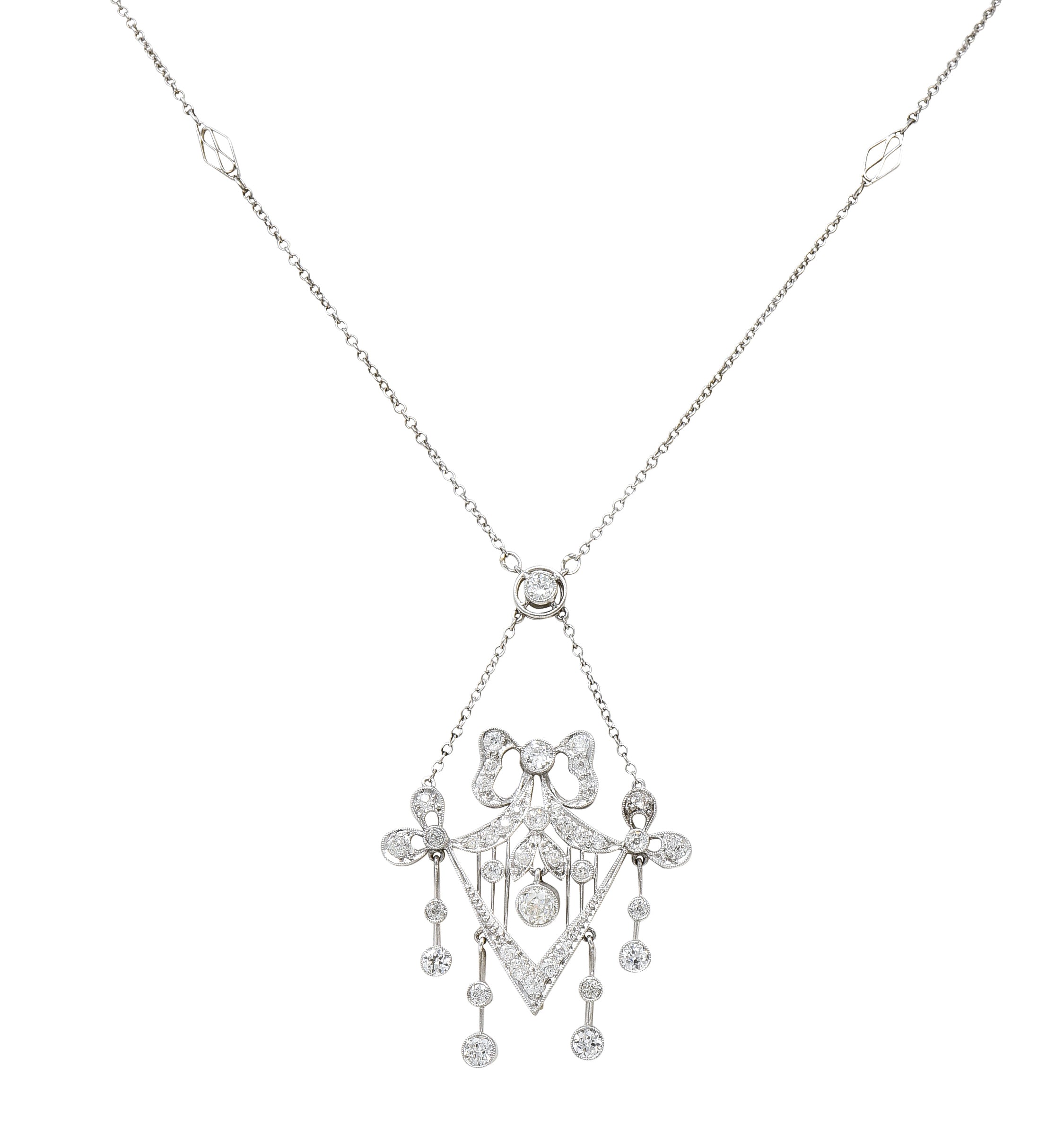 Belle Epoque Diamond Platinum Ribboned Bow Station Necklace Wilson's Estate Jewelry