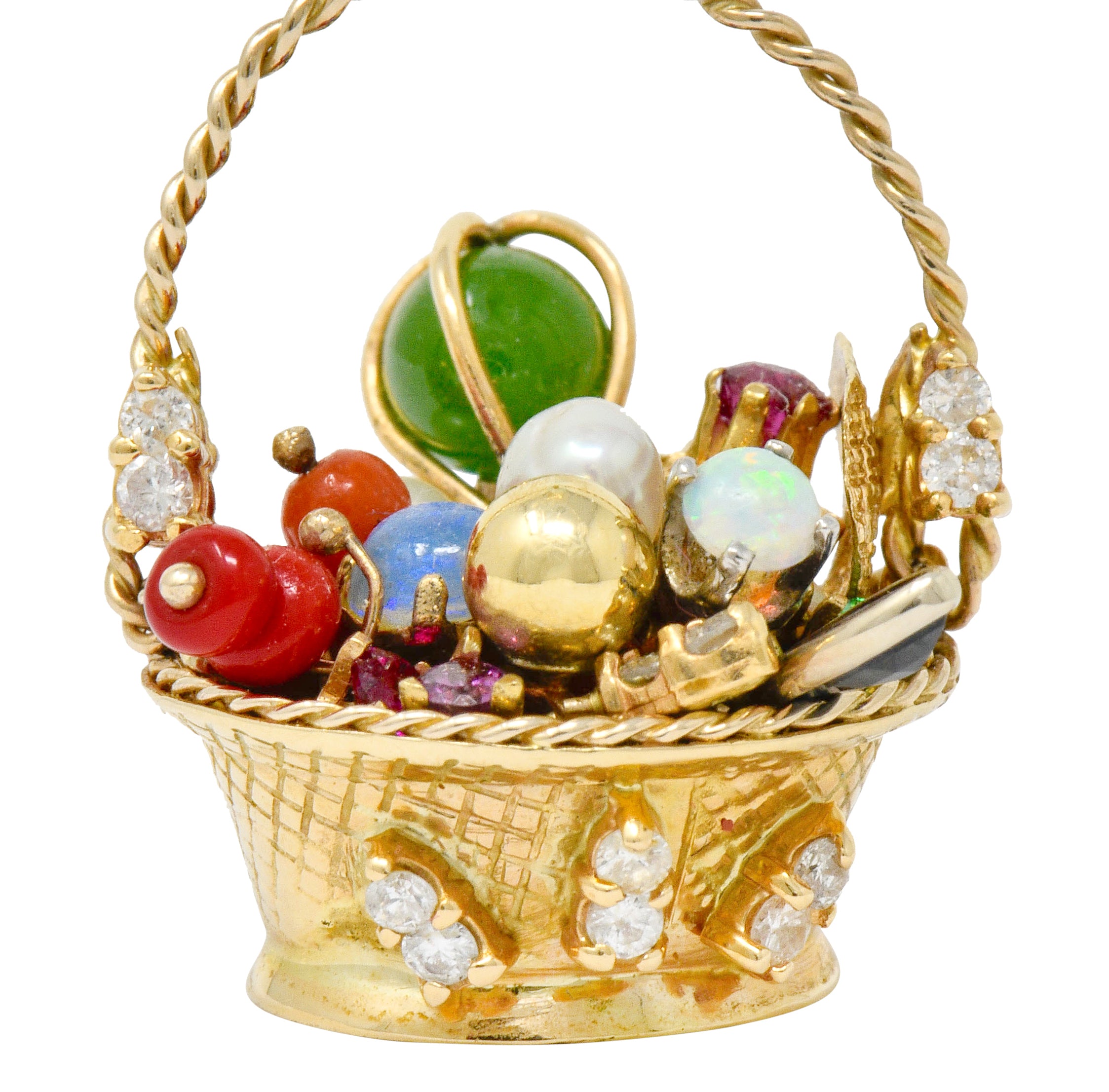 Retro Diamond Sapphire Opal Multi-Gem 14 Karat Gold Fruit Basket Pendant Charm - Wilson's Estate Jewelry