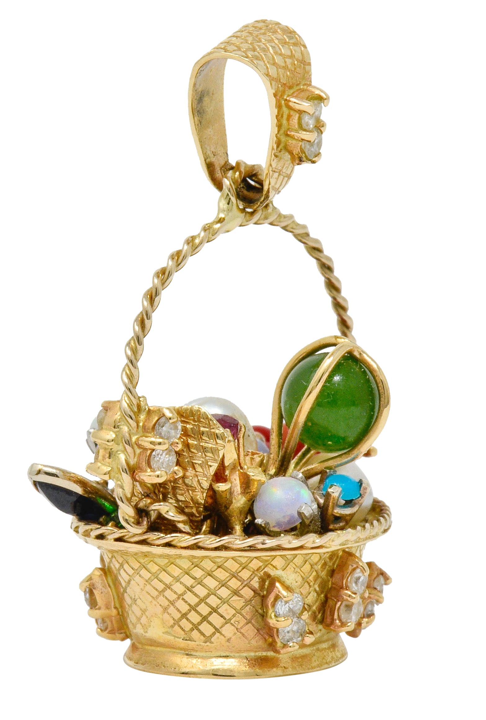 Retro Diamond Sapphire Opal Multi-Gem 14 Karat Gold Fruit Basket Pendant Charm - Wilson's Estate Jewelry