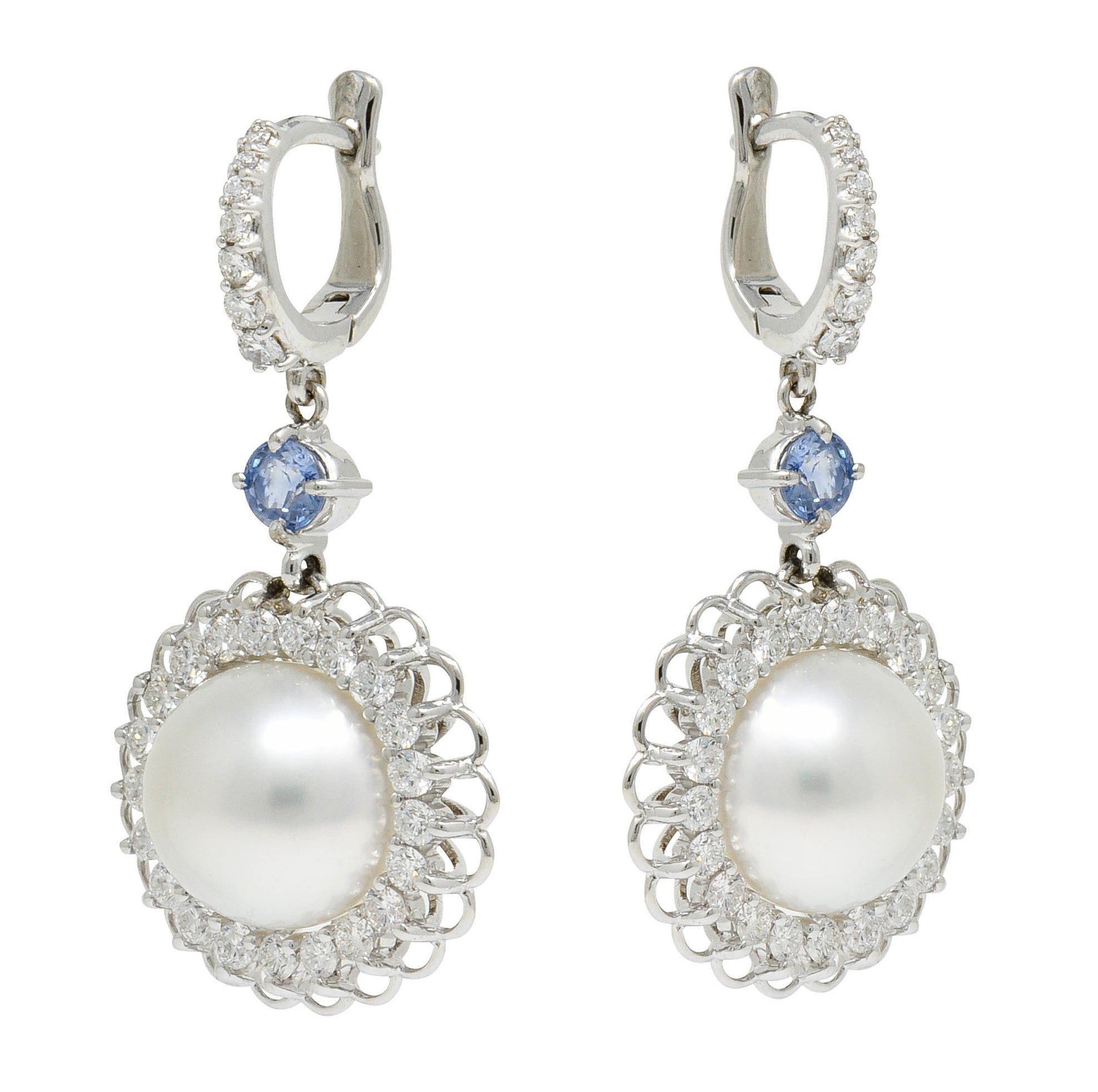 Contemporary South Sea Pearl 2.20 CTW Sapphire Diamond 18 Karat White Gold EarringsEarrings - Wilson's Estate Jewelry