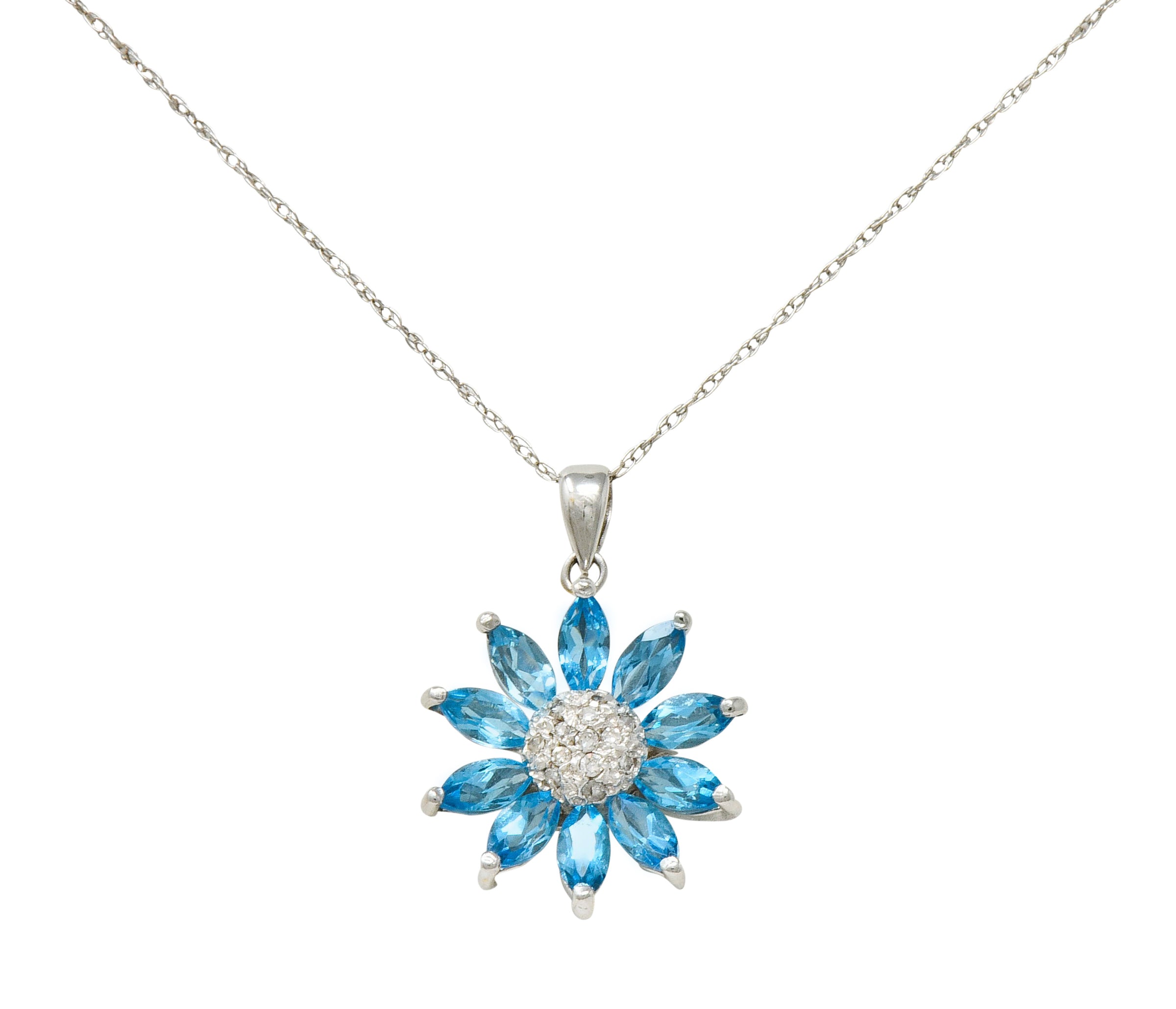 1990's Vintage Diamond Blue Topaz 14 Karat White Gold Radiating Floral Pendant Necklace - Wilson's Estate Jewelry