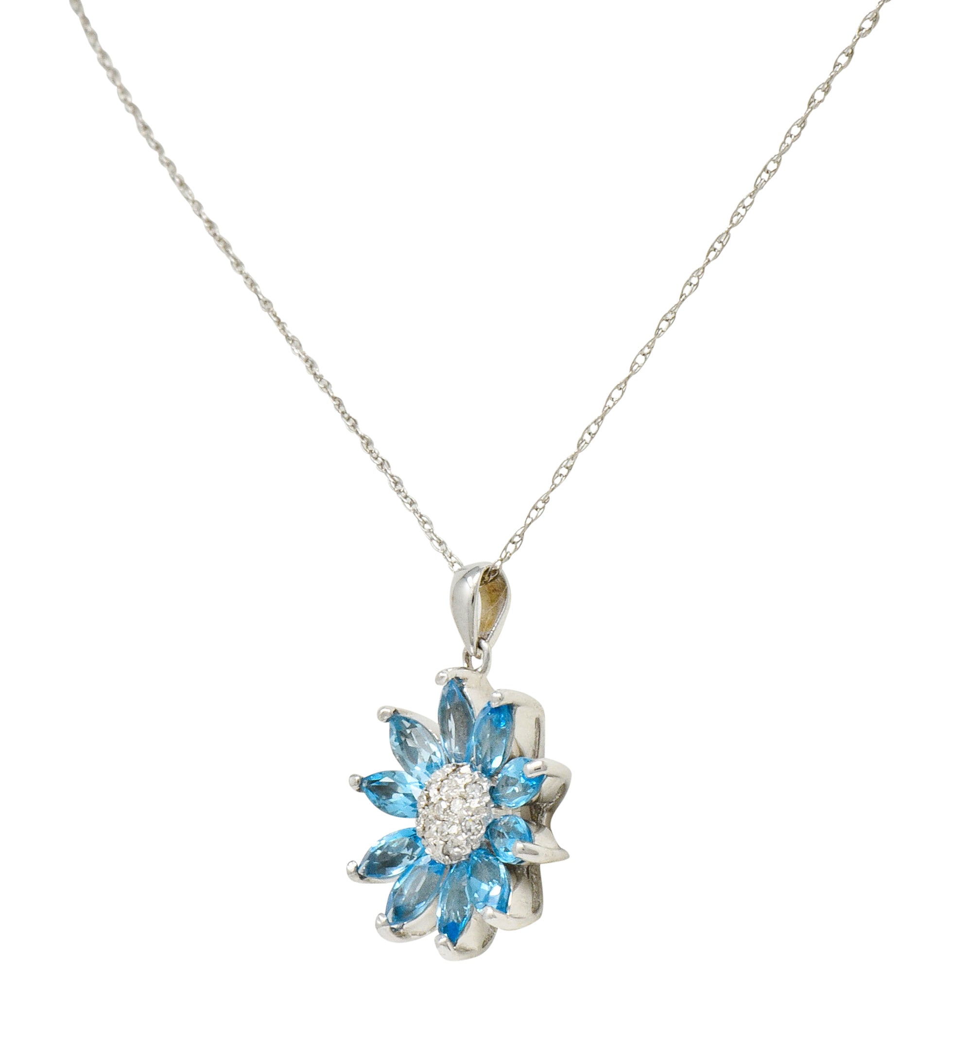 1990's Vintage Diamond Blue Topaz 14 Karat White Gold Radiating Floral Pendant Necklace - Wilson's Estate Jewelry