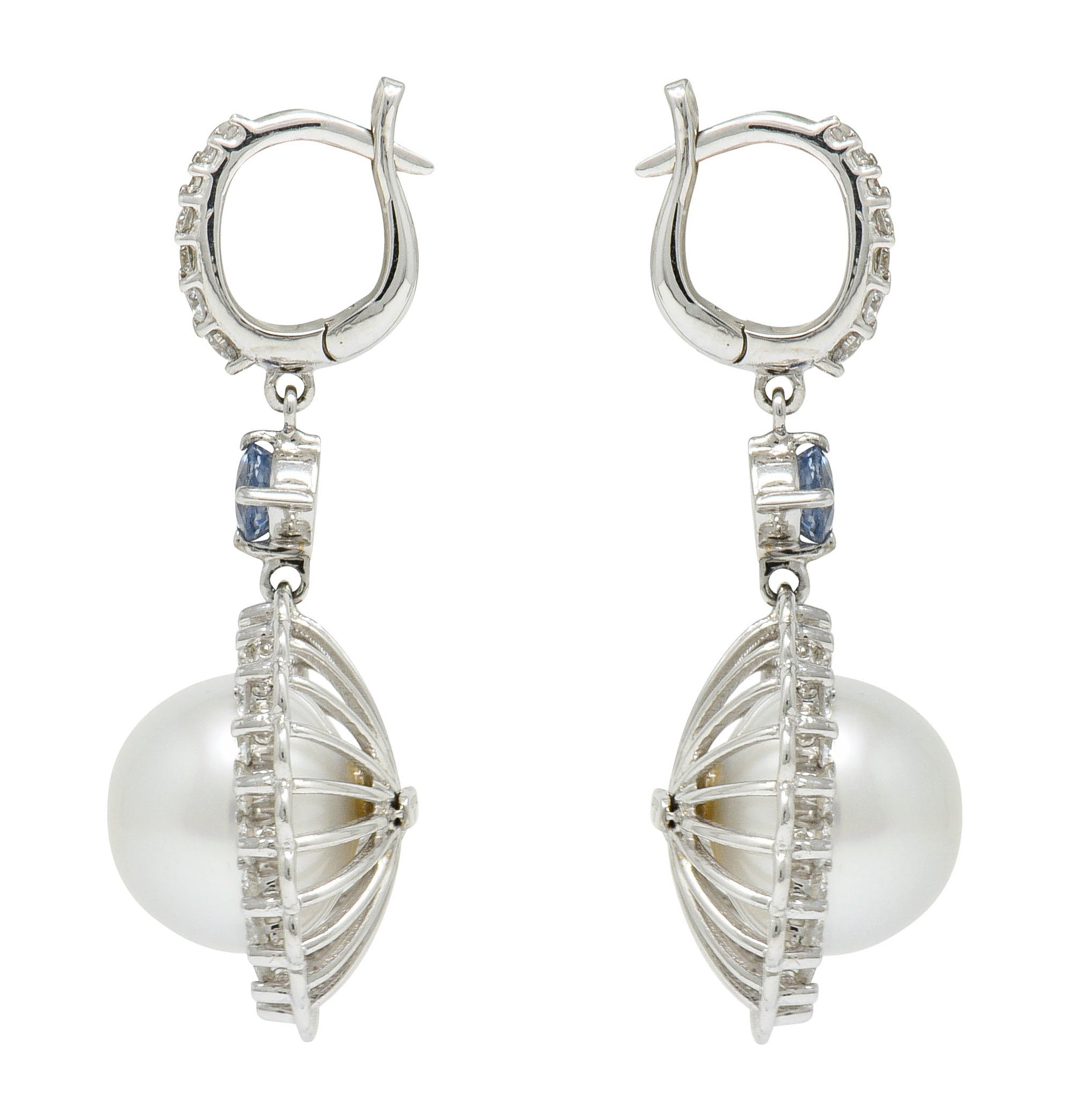 Contemporary South Sea Pearl 2.20 CTW Sapphire Diamond 18 Karat White Gold EarringsEarrings - Wilson's Estate Jewelry