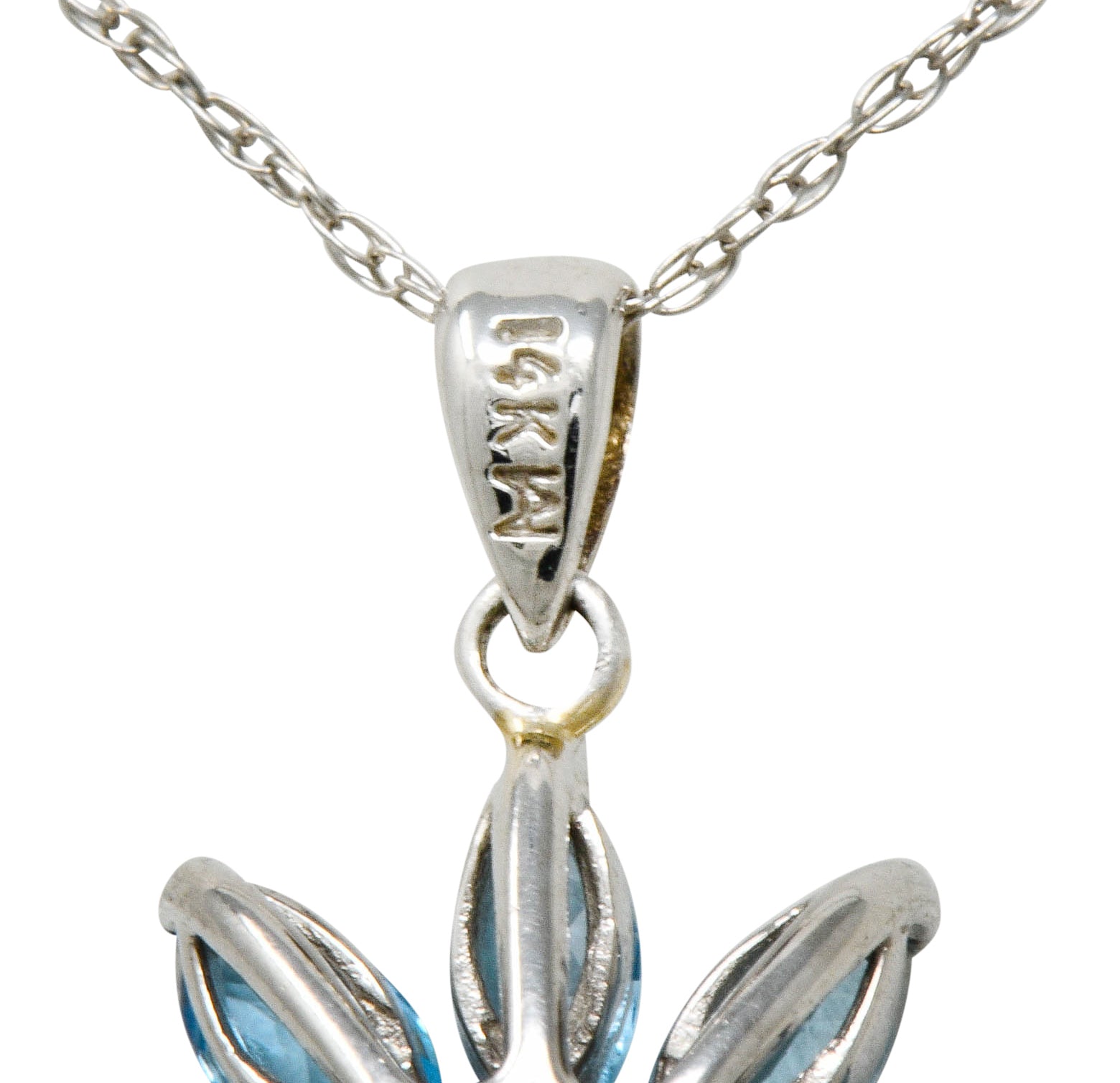 1990's Vintage Diamond Blue Topaz 14 Karat White Gold Radiating Floral Pendant Necklace - Wilson's Estate Jewelry