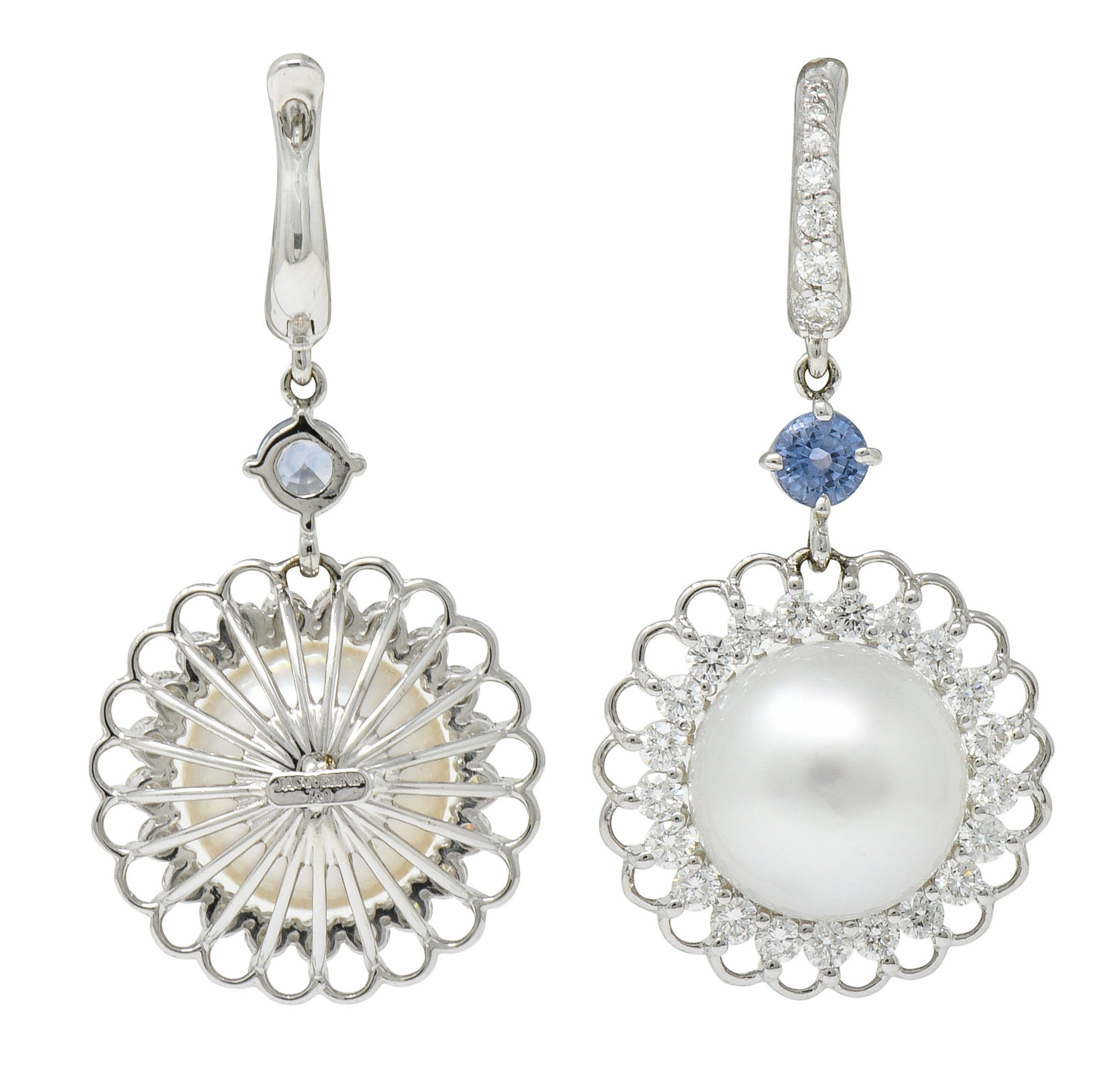 Contemporary South Sea Pearl 2.20 CTW Sapphire Diamond 18 Karat White Gold EarringsEarrings - Wilson's Estate Jewelry