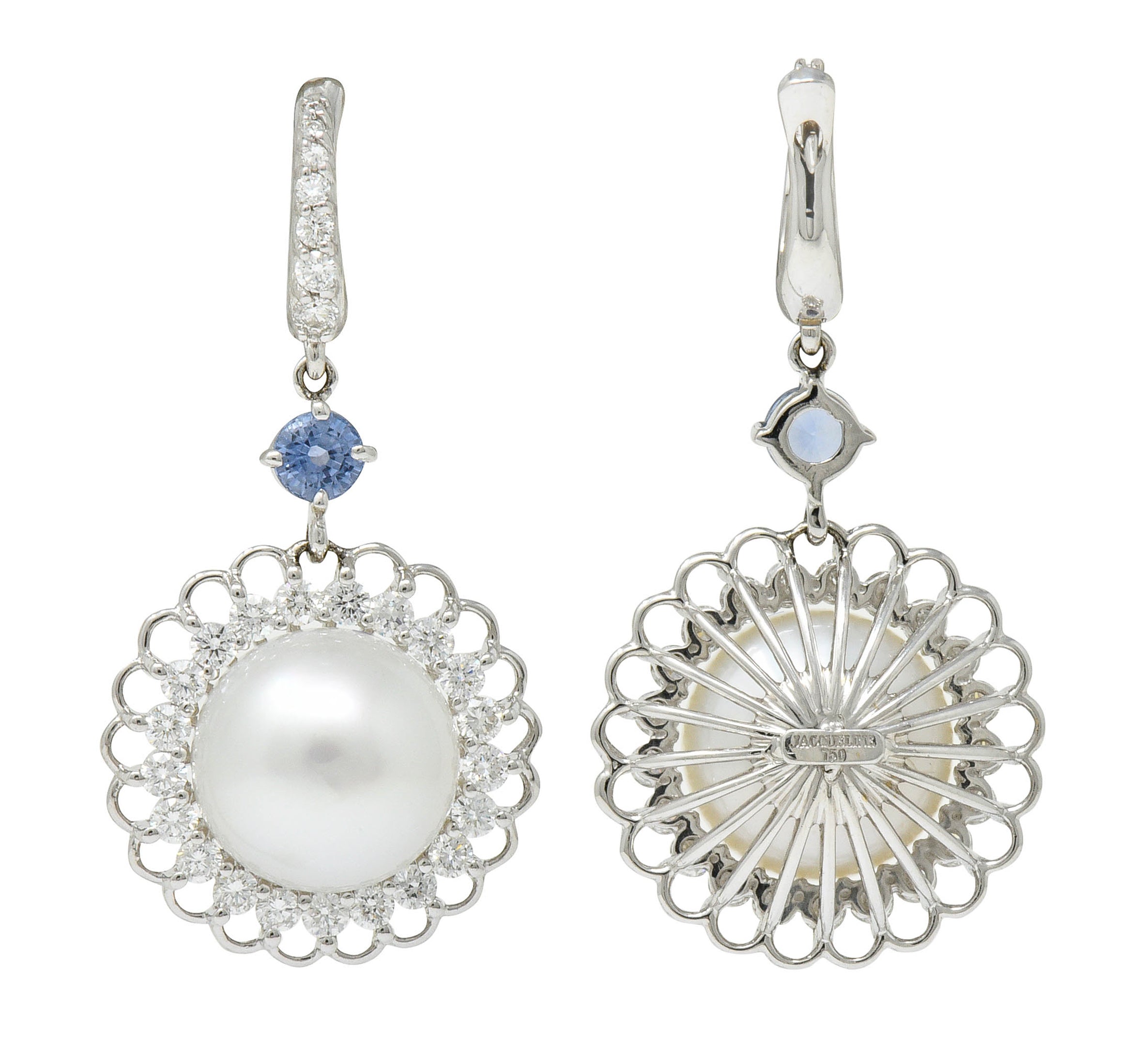 Contemporary South Sea Pearl 2.20 CTW Sapphire Diamond 18 Karat White Gold EarringsEarrings - Wilson's Estate Jewelry