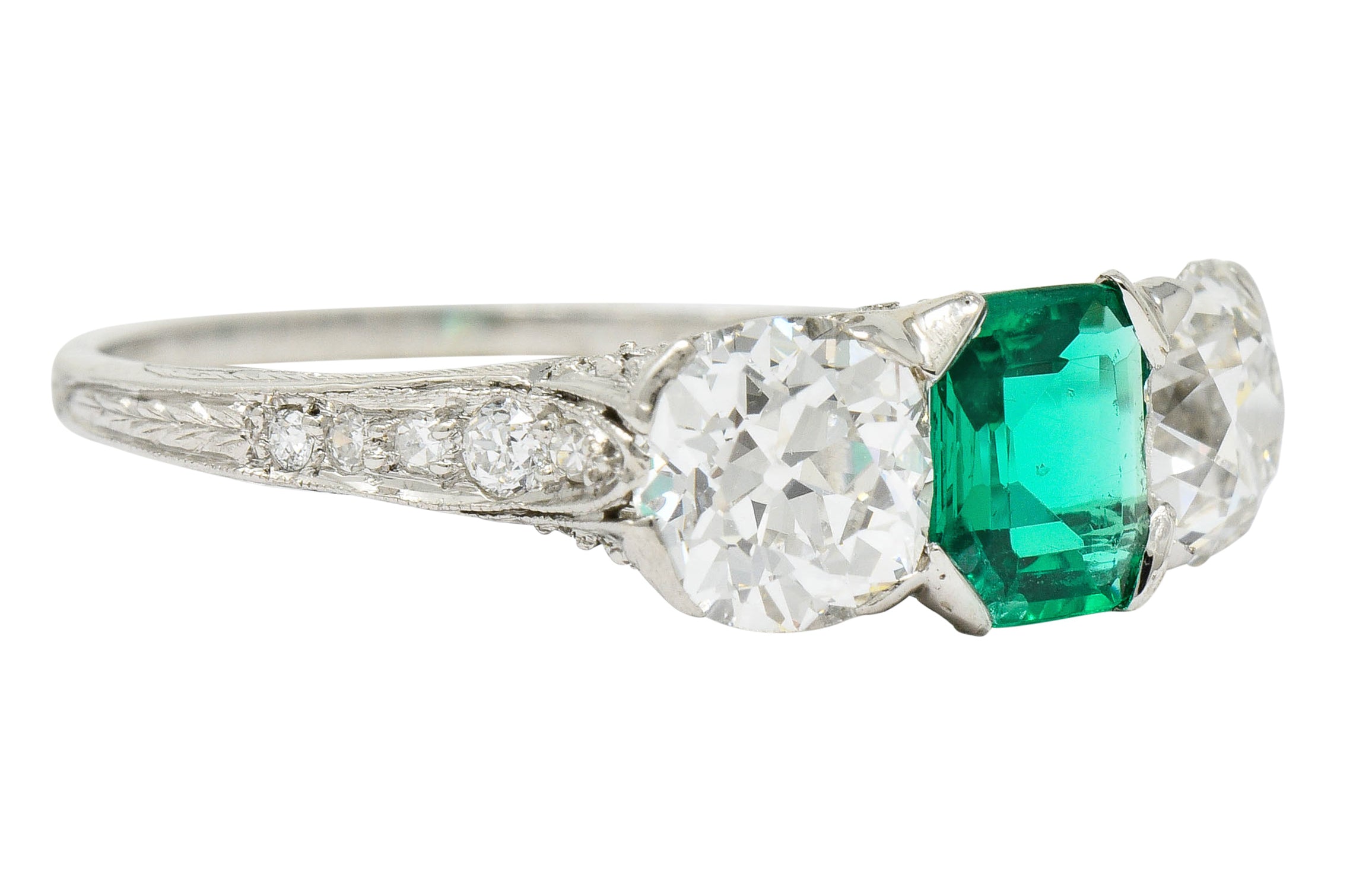 Edwardian 2.71 CTW Emerald Diamond Platinum Three Stone Ring Circa 1915 - Wilson's Estate Jewelry