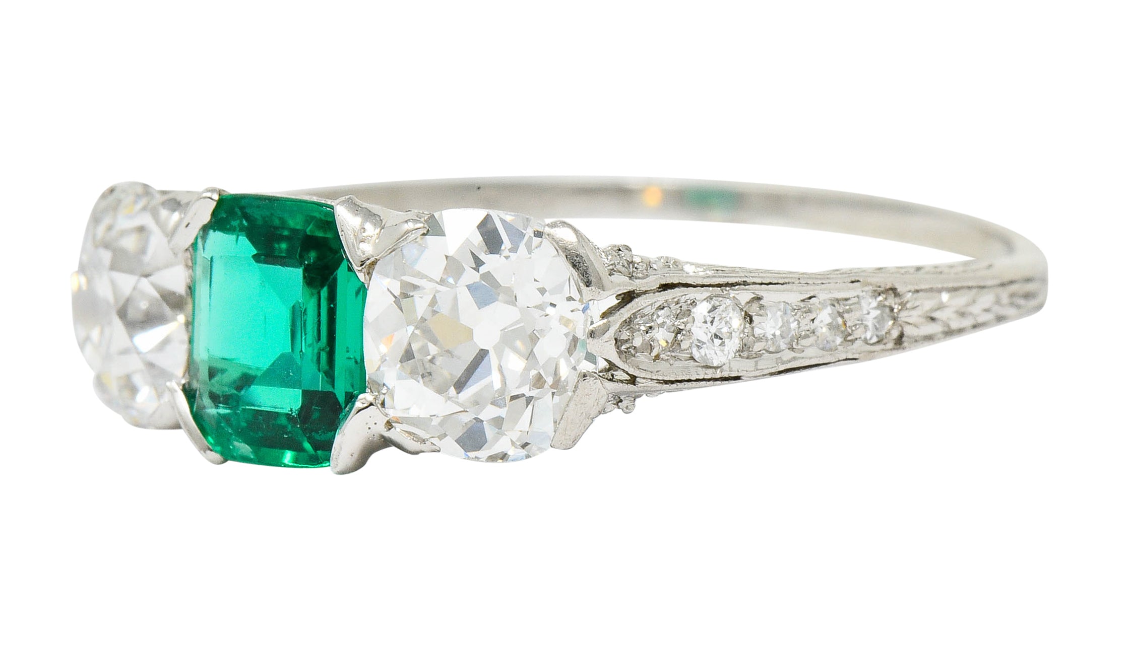 Edwardian 2.71 CTW Emerald Diamond Platinum Three Stone Ring Circa 1915 - Wilson's Estate Jewelry