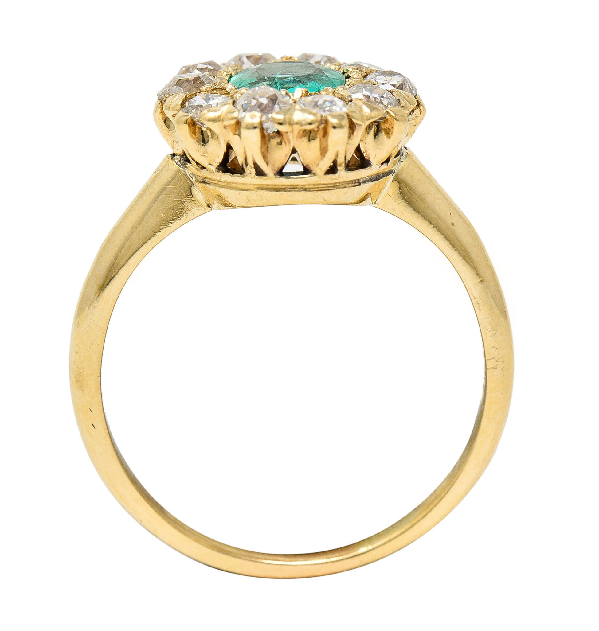 Victorian 1.52 CTW Cushion Cut Emerald Old Mine Cut Diamond 14 Karat Yellow Gold Antique Halo Ring Wilson's Estate Jewelry