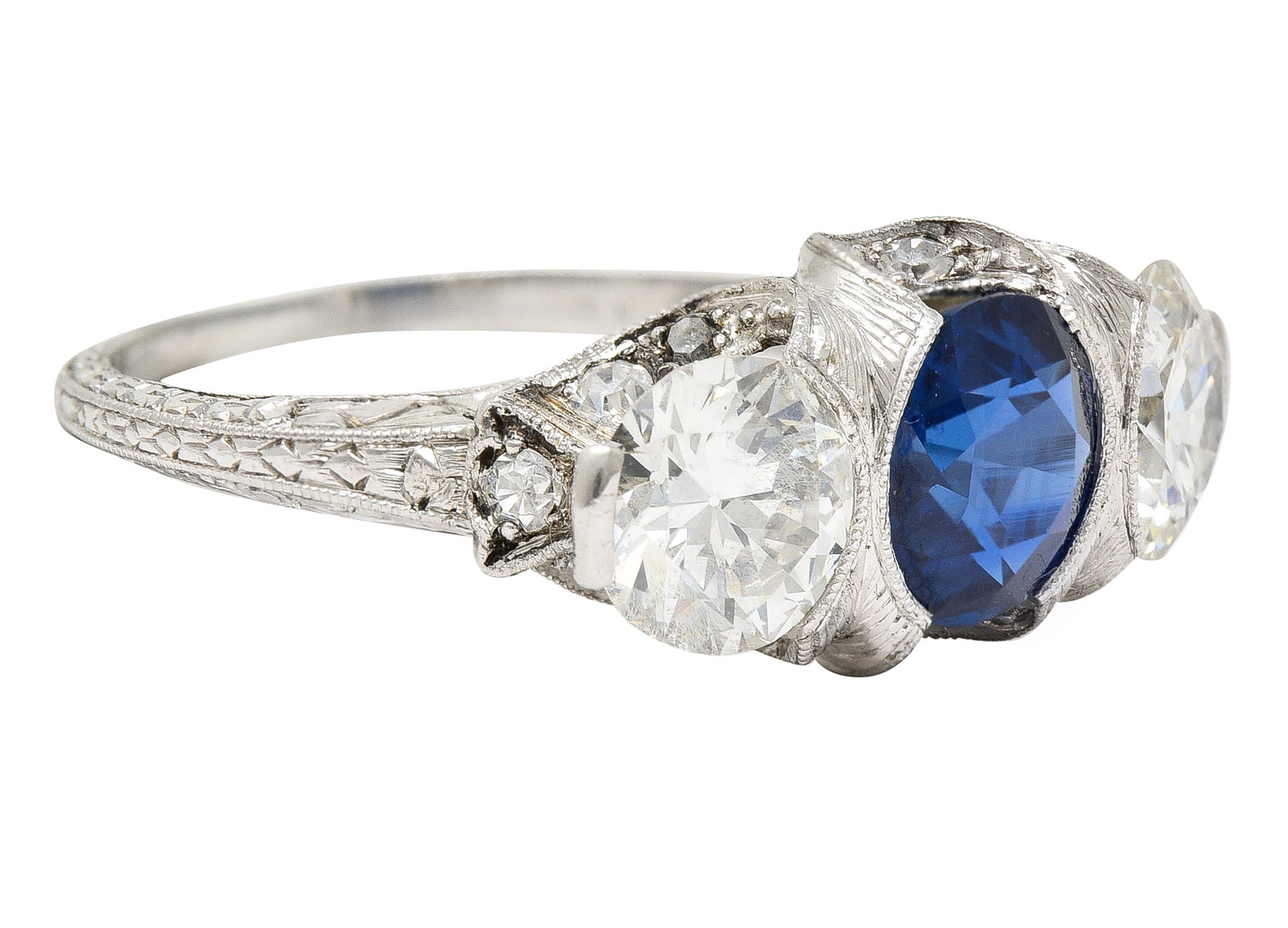 Art Deco 3.78 CTW No Heat Cambodian Sapphire Old European Cut Diamond Platinum Foliate Festoon Three Stone Ring GIA Wilson's Estate Jewelry