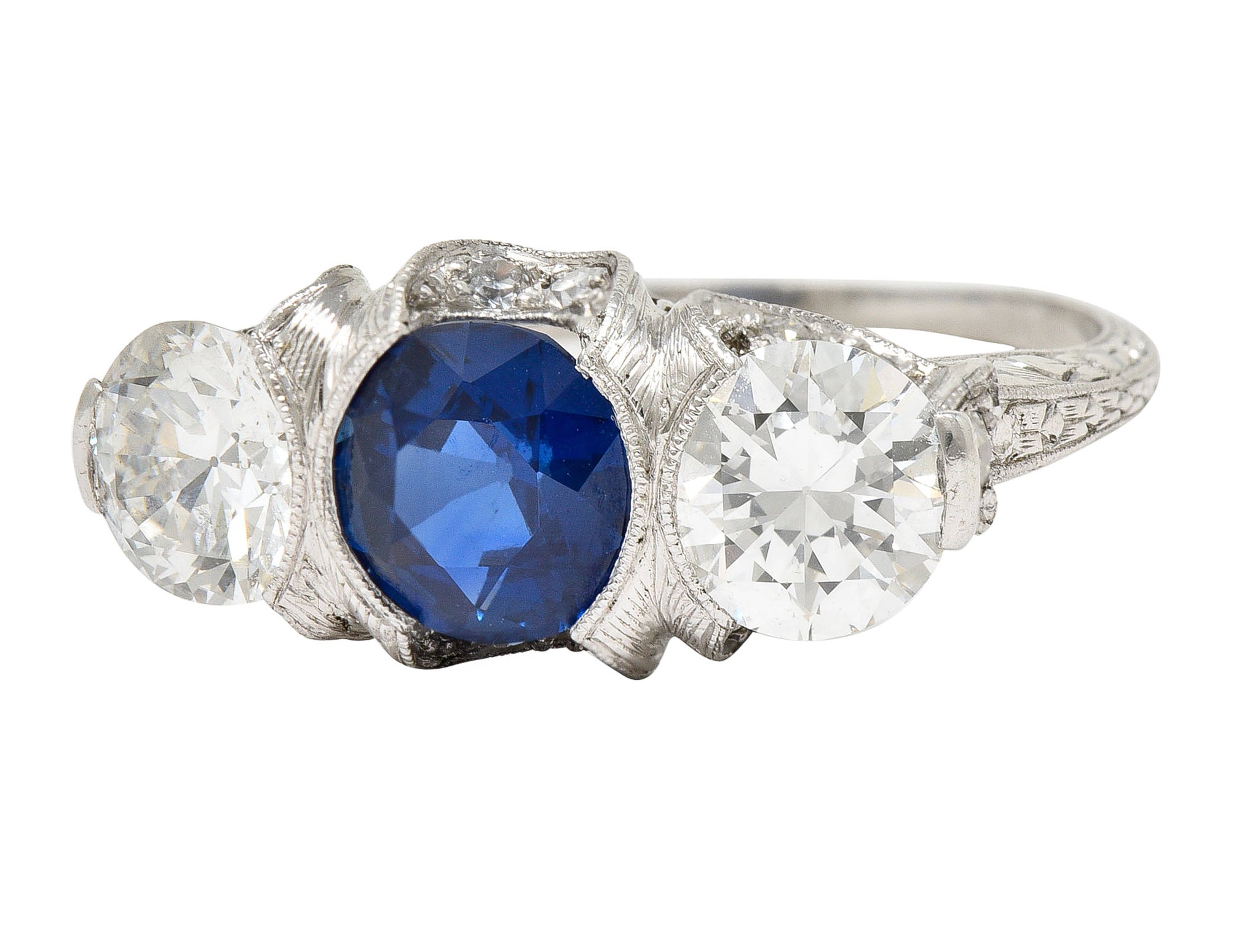 Art Deco 3.78 CTW No Heat Cambodian Sapphire Old European Cut Diamond Platinum Foliate Festoon Three Stone Ring GIA Wilson's Estate Jewelry