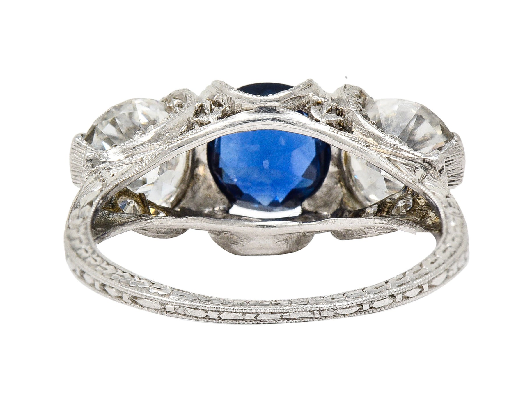 Art Deco 3.78 CTW No Heat Cambodian Sapphire Old European Cut Diamond Platinum Foliate Festoon Three Stone Ring GIA Wilson's Estate Jewelry