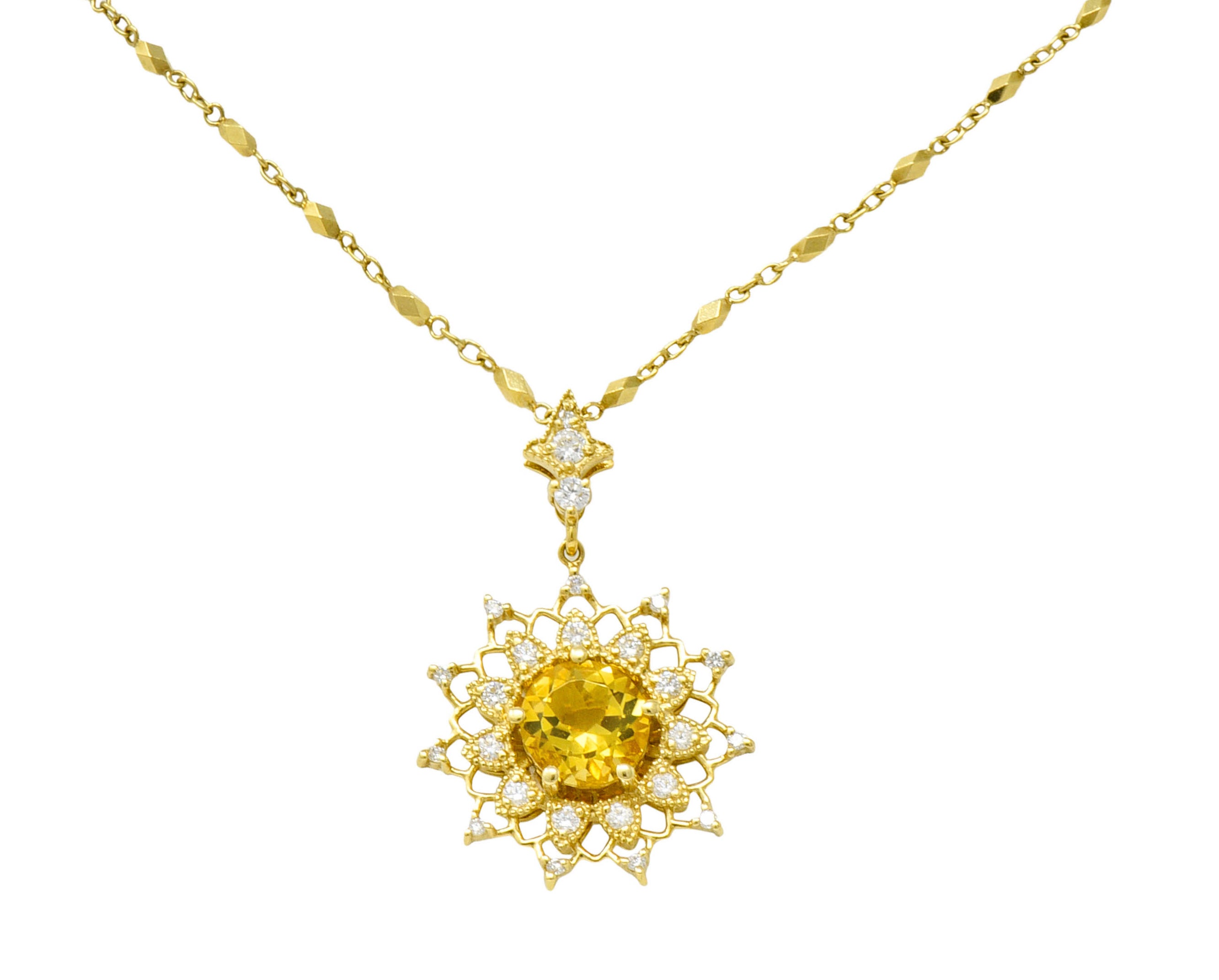 Heliodor Golden Beryl Diamond 18 Karat Gold Floral Burst NecklaceNecklace - Wilson's Estate Jewelry