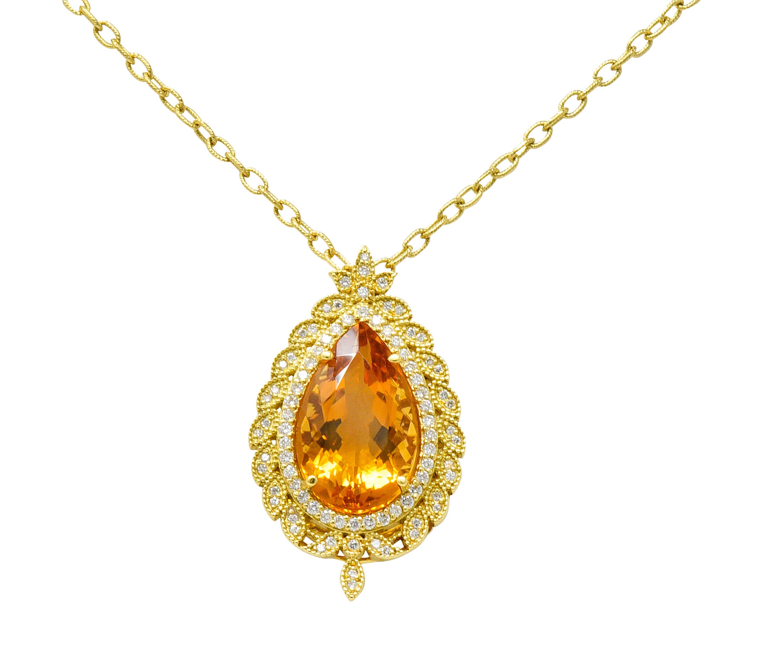 Citrine 1.05 CTW Diamond 18 Karat Gold Foliate Cluster Pendant NecklaceNecklace - Wilson's Estate Jewelry