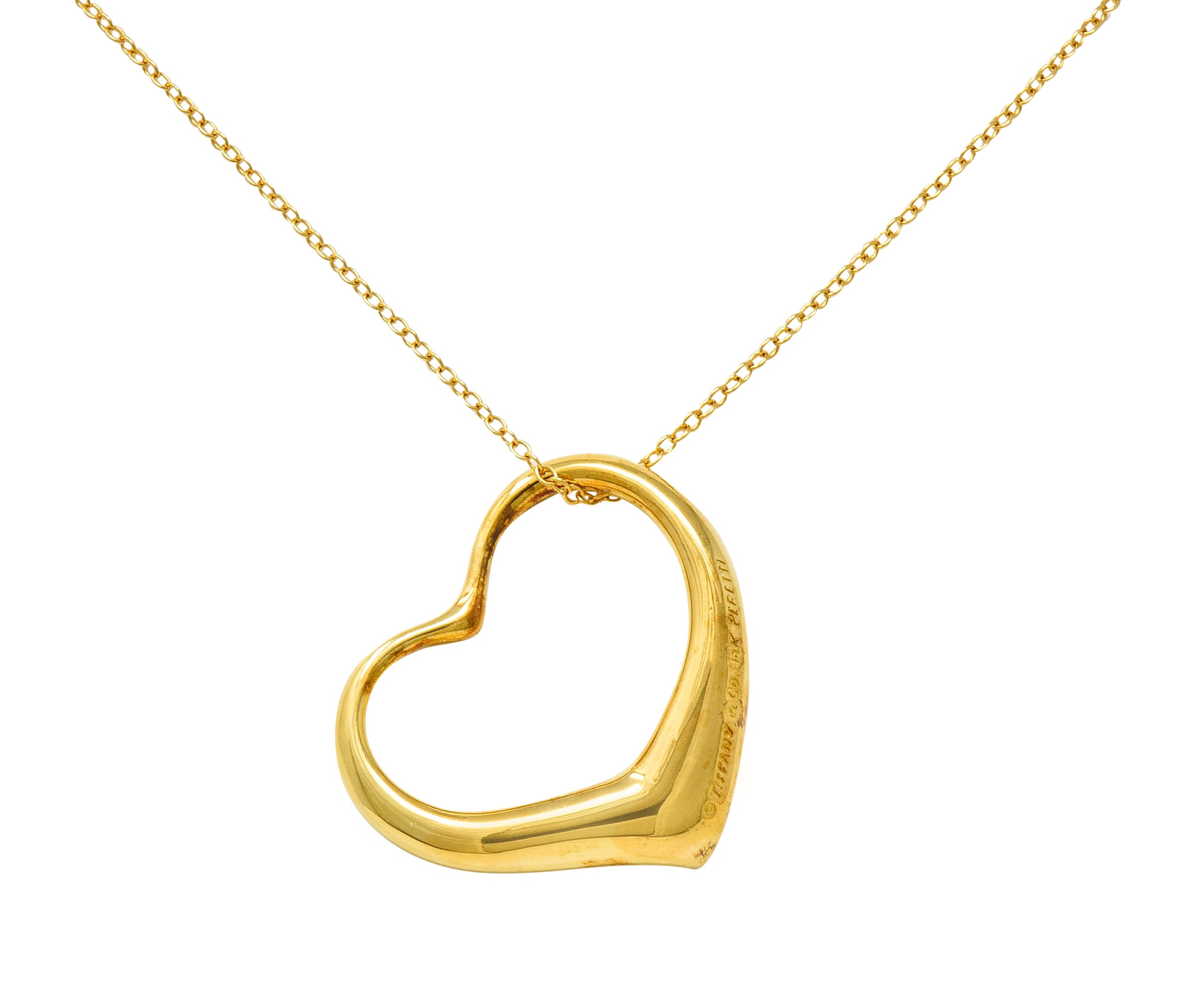 Large Elsa Peretti Tiffany & Co. 18 Karat Gold Open Heart Pendant 30 Inch Necklace - Wilson's Estate Jewelry