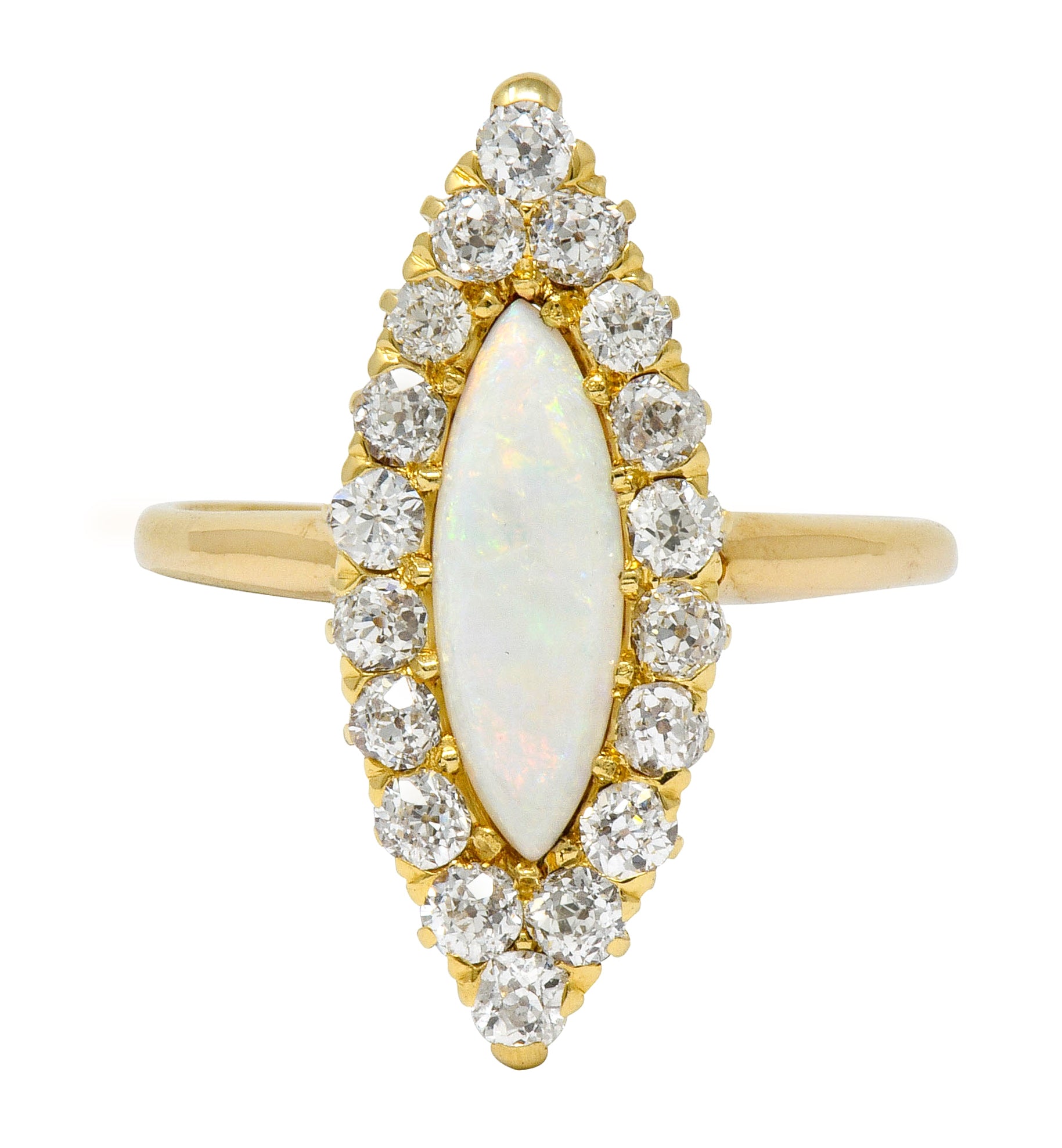 Victorian Diamond Opal 18 Karat Gold Navette Cluster Ring - Wilson's Estate Jewelry