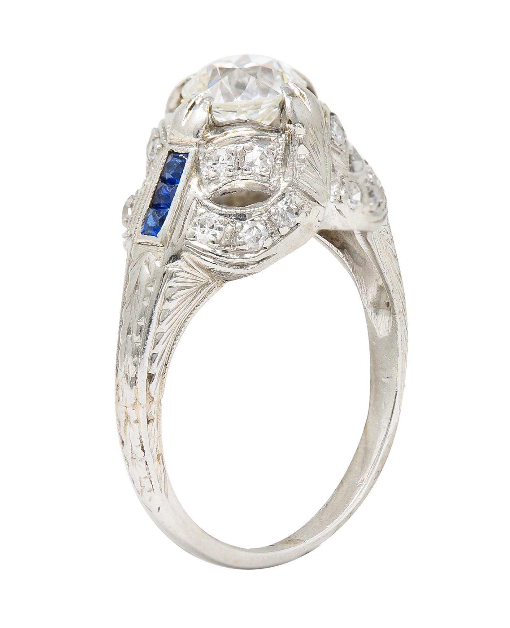 Art Deco 1.19 CTW Old European Cut Diamond Sapphire Platinum Ribbon Antique Engagement Ring Wilson's Estate Jewelry