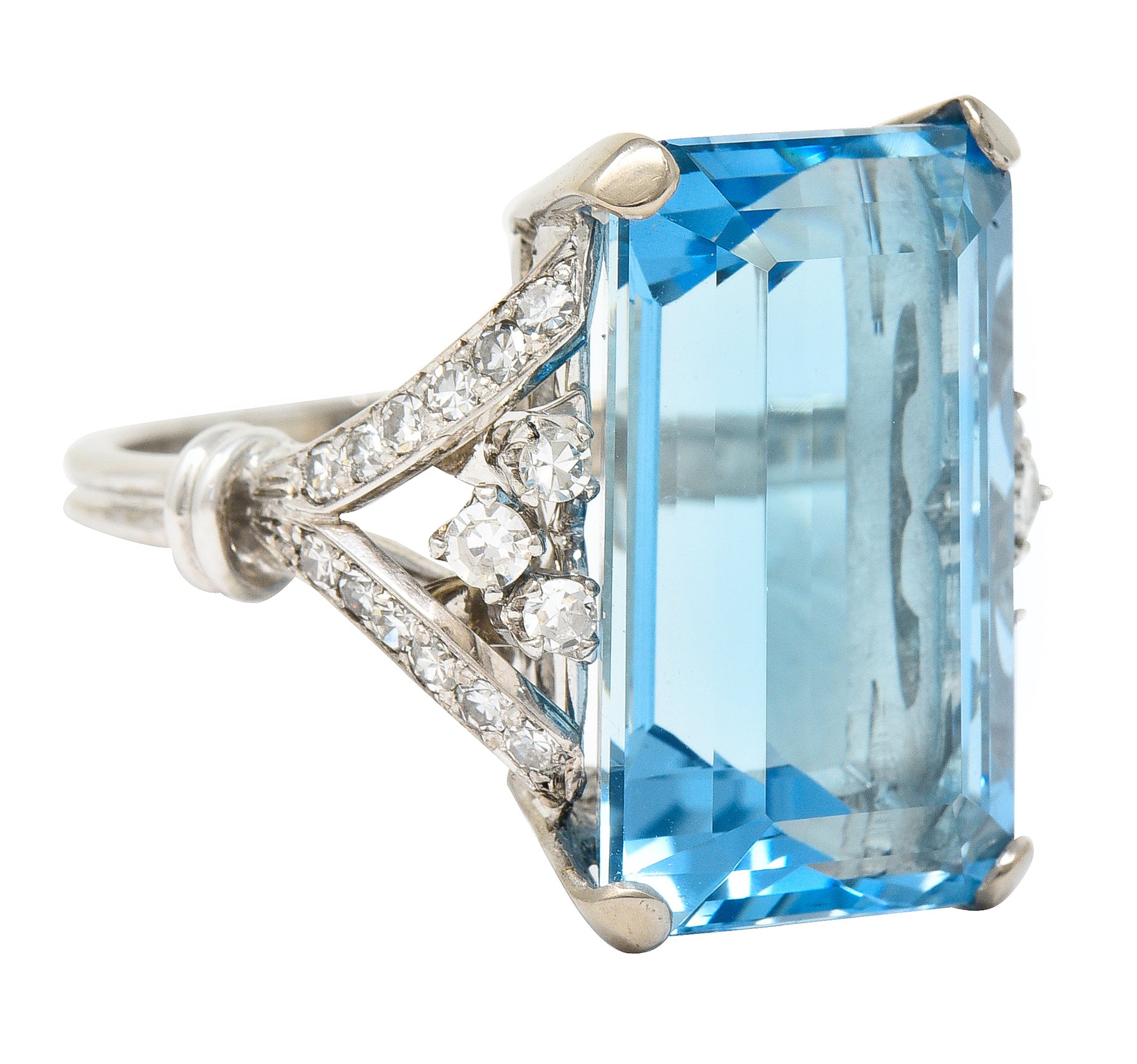 Mid-Century 21.00 CTW Emerald Cut Aquamarine Diamond 18 Karat White Gold Arching Vintage Cocktail Ring Wilson's Estate Jewelry