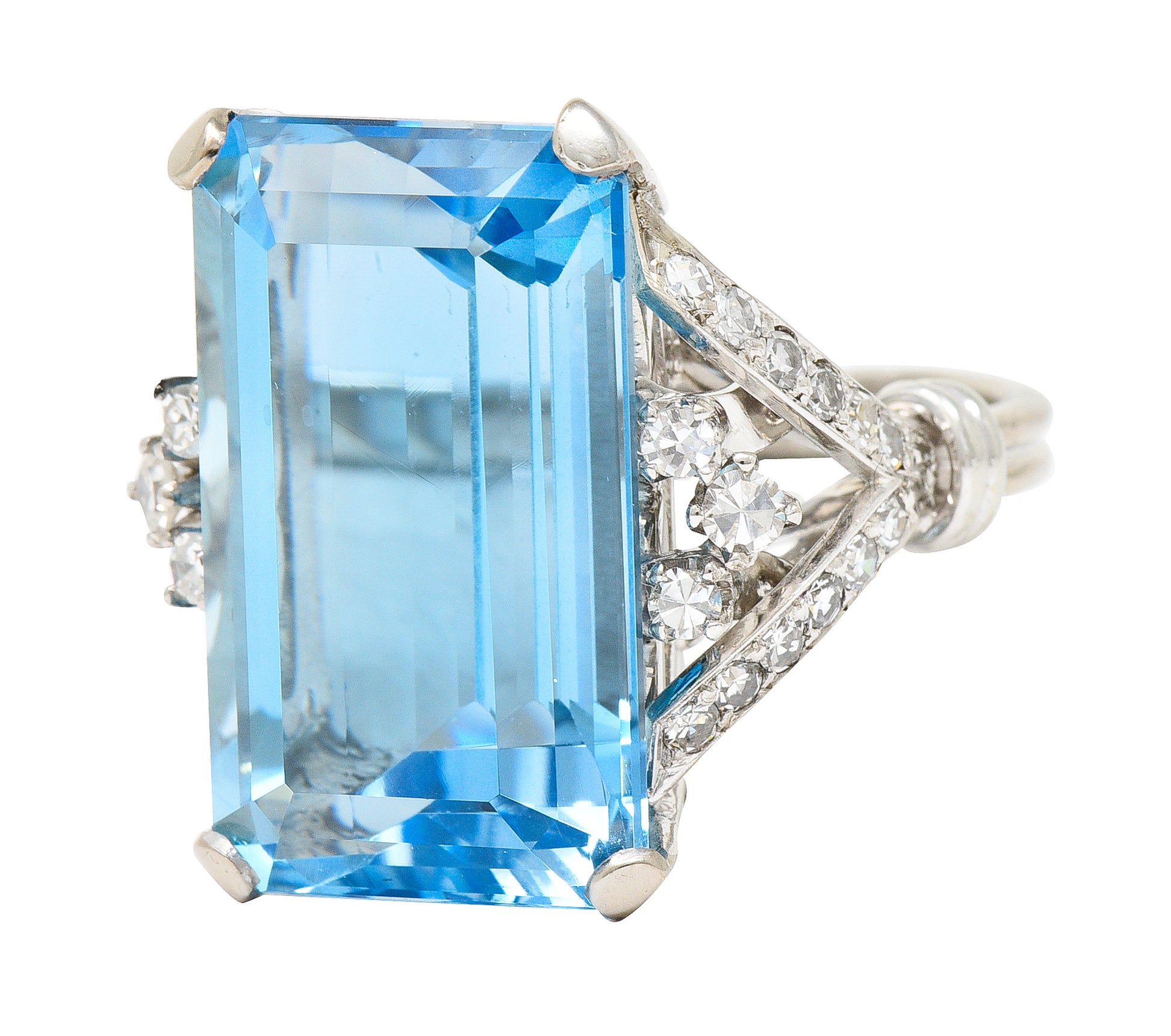 Mid-Century 21.00 CTW Emerald Cut Aquamarine Diamond 18 Karat White Gold Arching Vintage Cocktail Ring Wilson's Estate Jewelry