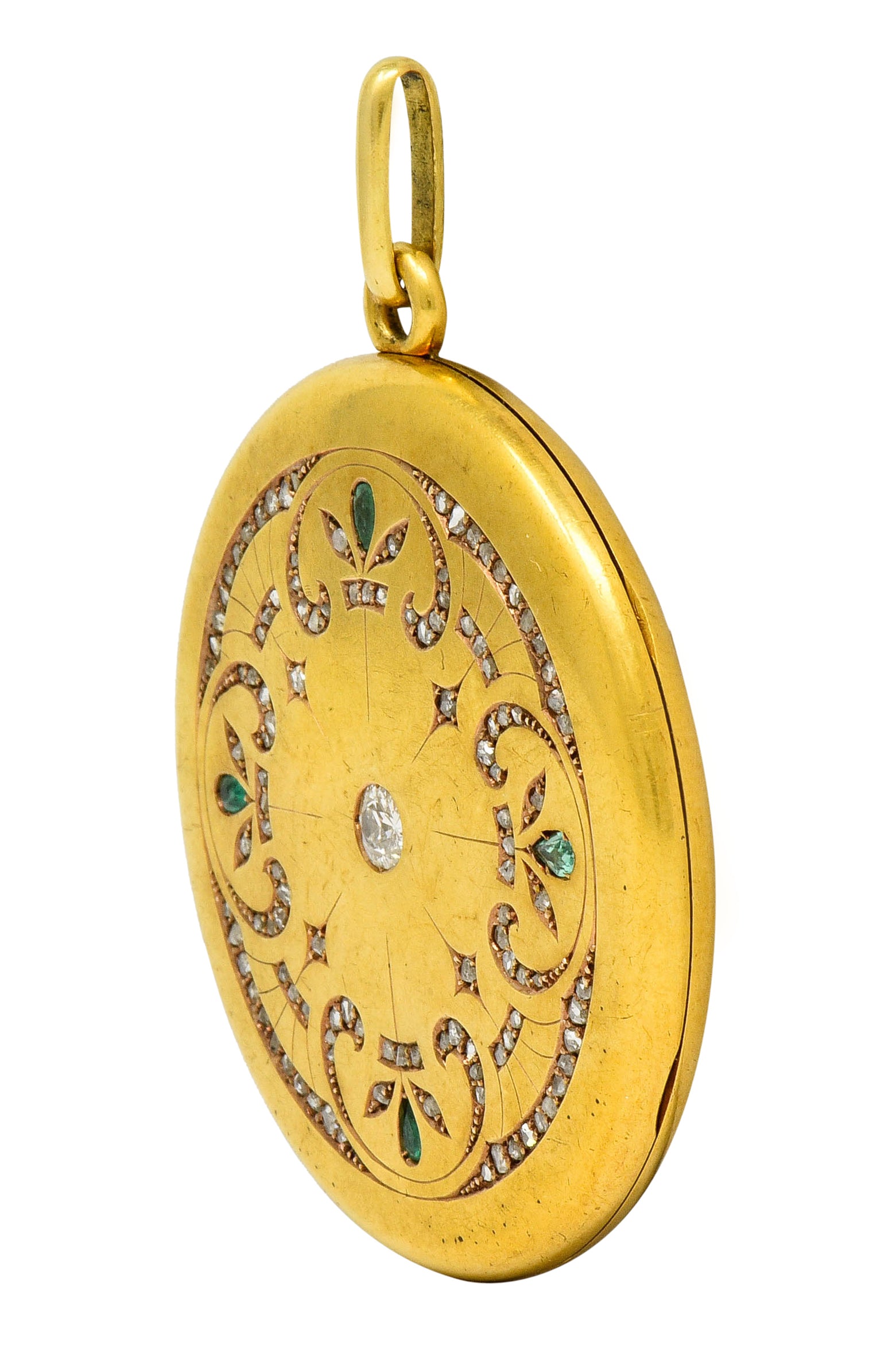 Large 1911 Edwardian Diamond Emerald 18 Karat Gold Locket Pendant - Wilson's Estate Jewelry