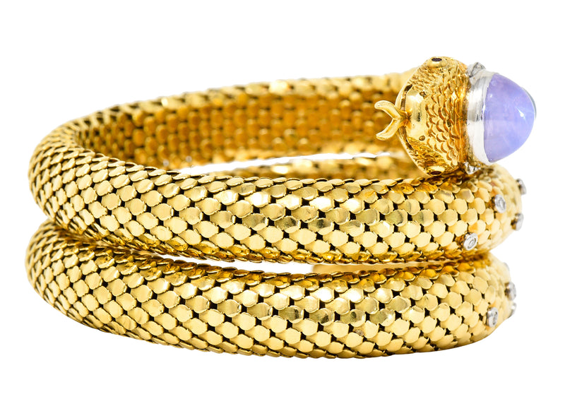 Victorian Snake Wrapped Bangle Bracelet with Diamonds in 14K Gold