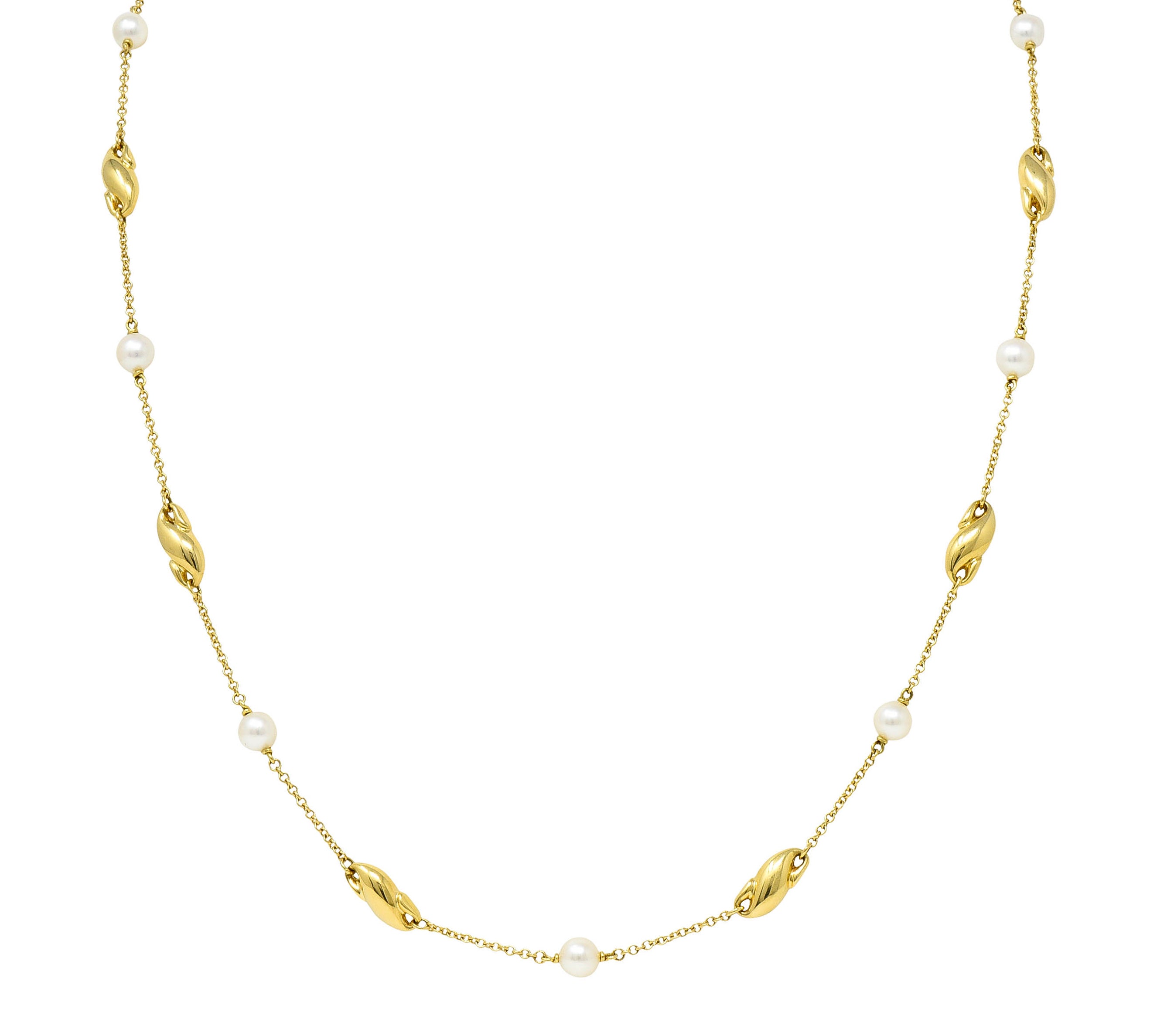 Contemporary Cultured Pearl 18 Karat Gold Station Chain NecklaceNecklace - Wilson's Estate Jewelry