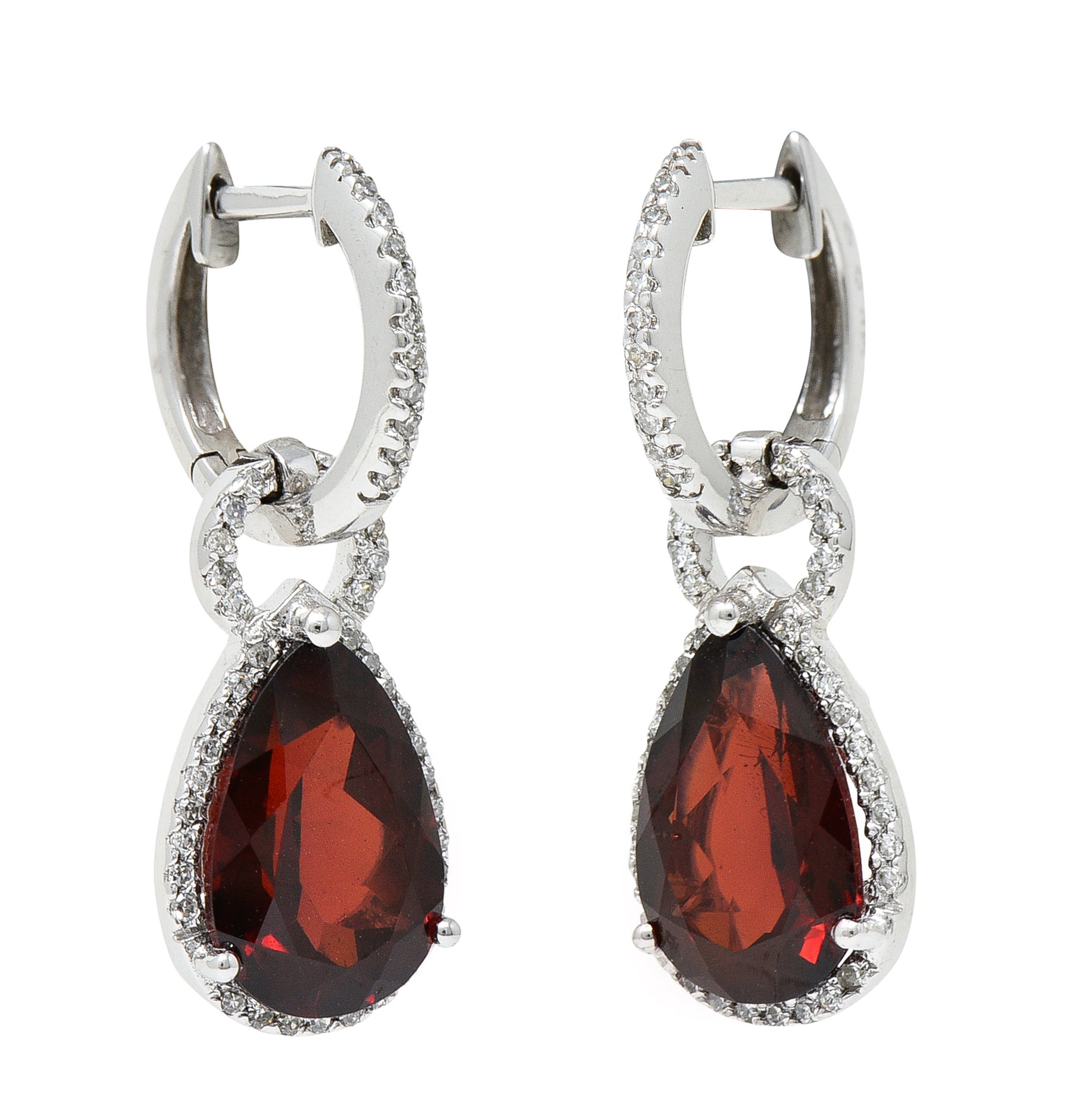 Contemporary Garnet Diamond 14 Karat White Gold Pear Drop Earrings Wilson's Estate Jewelry