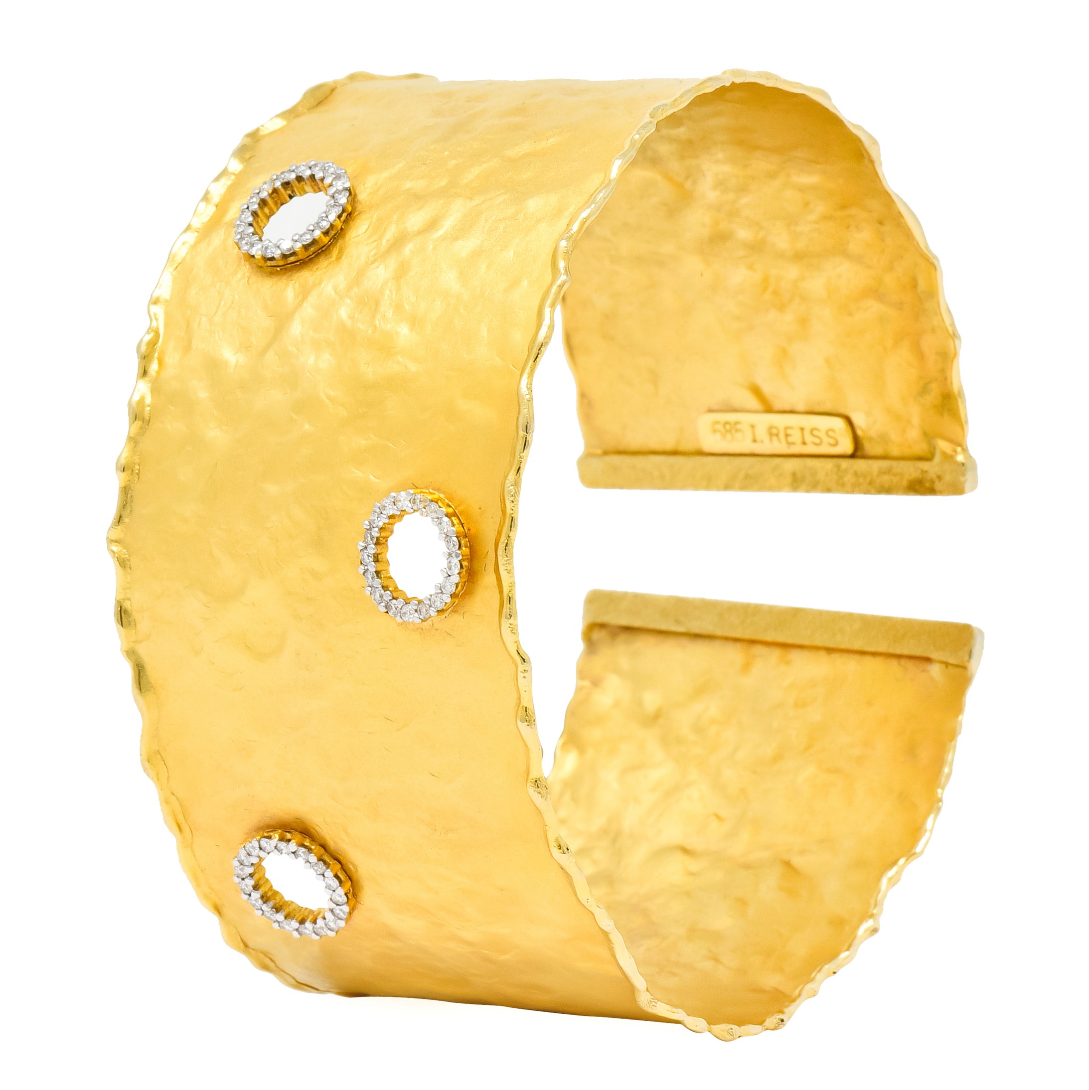 Isaac Reiss Round Brilliant Diamond 14 Karat Yellow Gold Hammered Cuff Bracelet - Wilson's Estate Jewelry