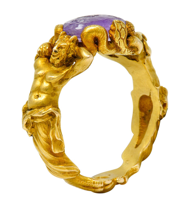 Victorian Roman Ancient Carved Amethyst Intaglio 18 Karat Gold Men's Snake & Devil RingRing - Wilson's Estate Jewelry