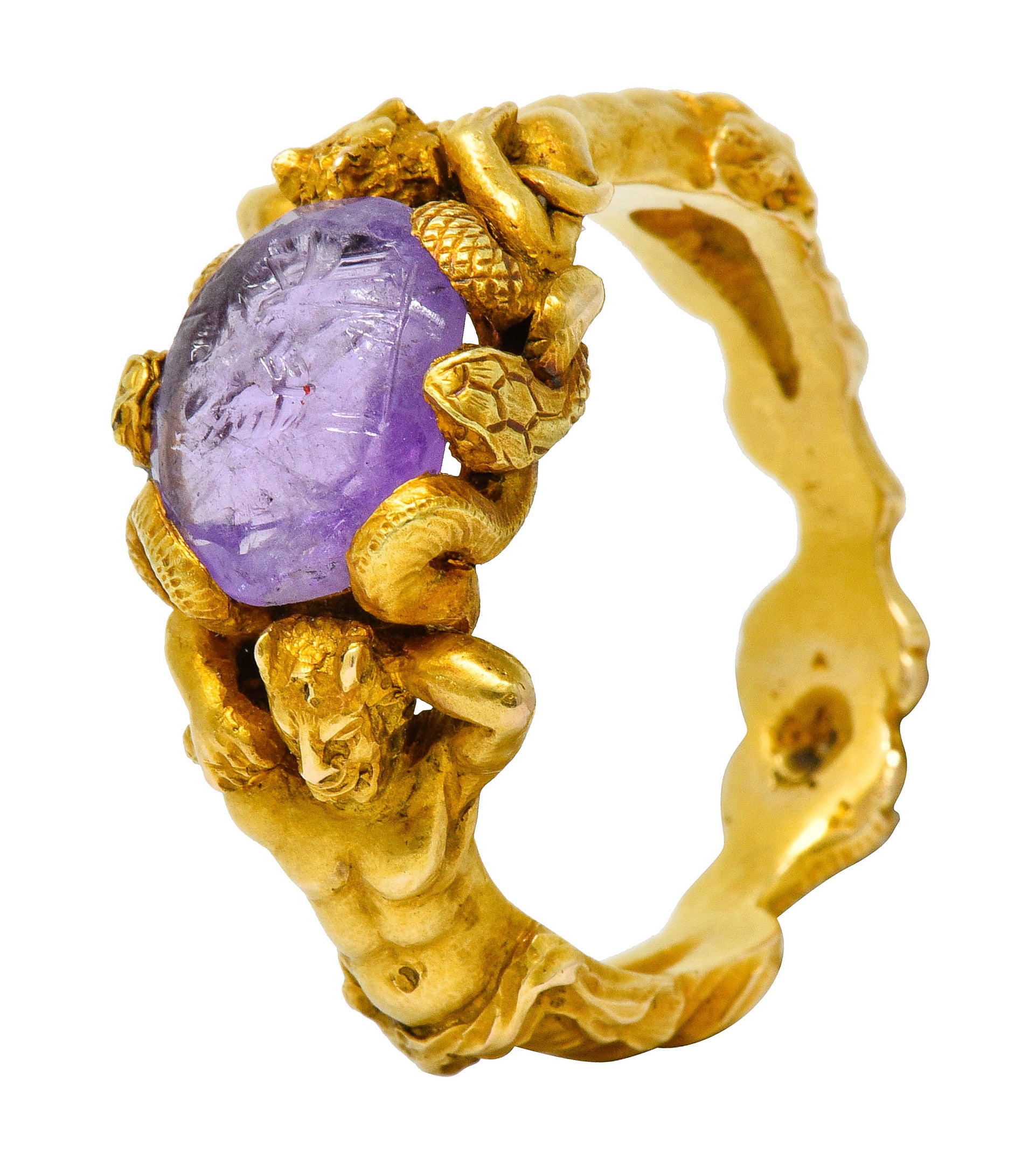 Victorian Roman Ancient Carved Amethyst Intaglio 18 Karat Gold Men's Snake & Devil RingRing - Wilson's Estate Jewelry