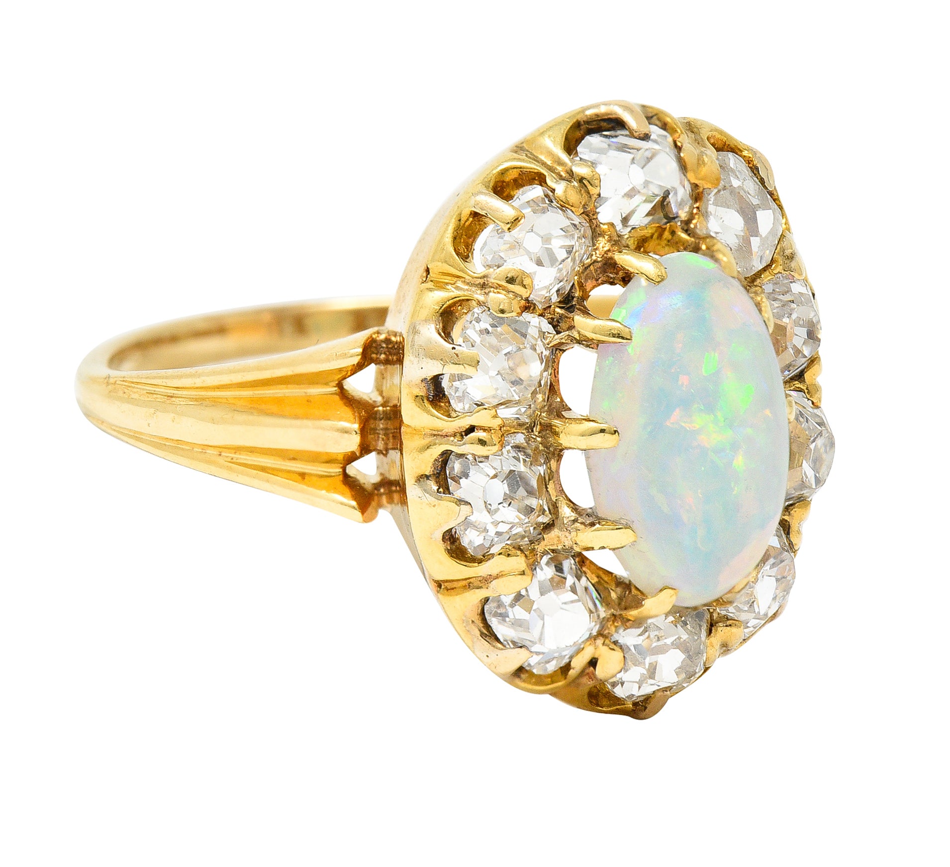 Victorian 1.50 CTW Old Mine Cut Diamond Opal 14 Karat Yellow Gold Antique Cluster Ring Wilson's Estate Jewelry