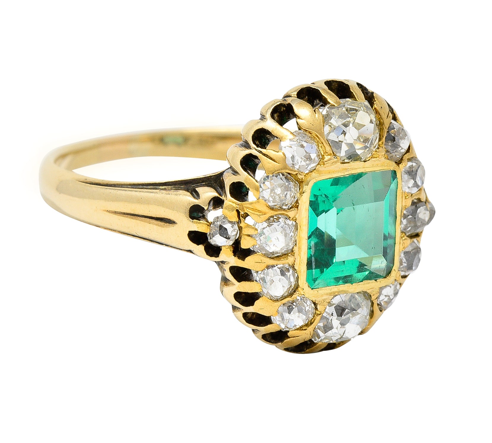 Victorian 1.88 CTW No Oil Colombian Emerald Old Mine Cut Diamond 14 Karat Yellow Gold Antique Halo Ring GIA Wilson's Estate Jewelry